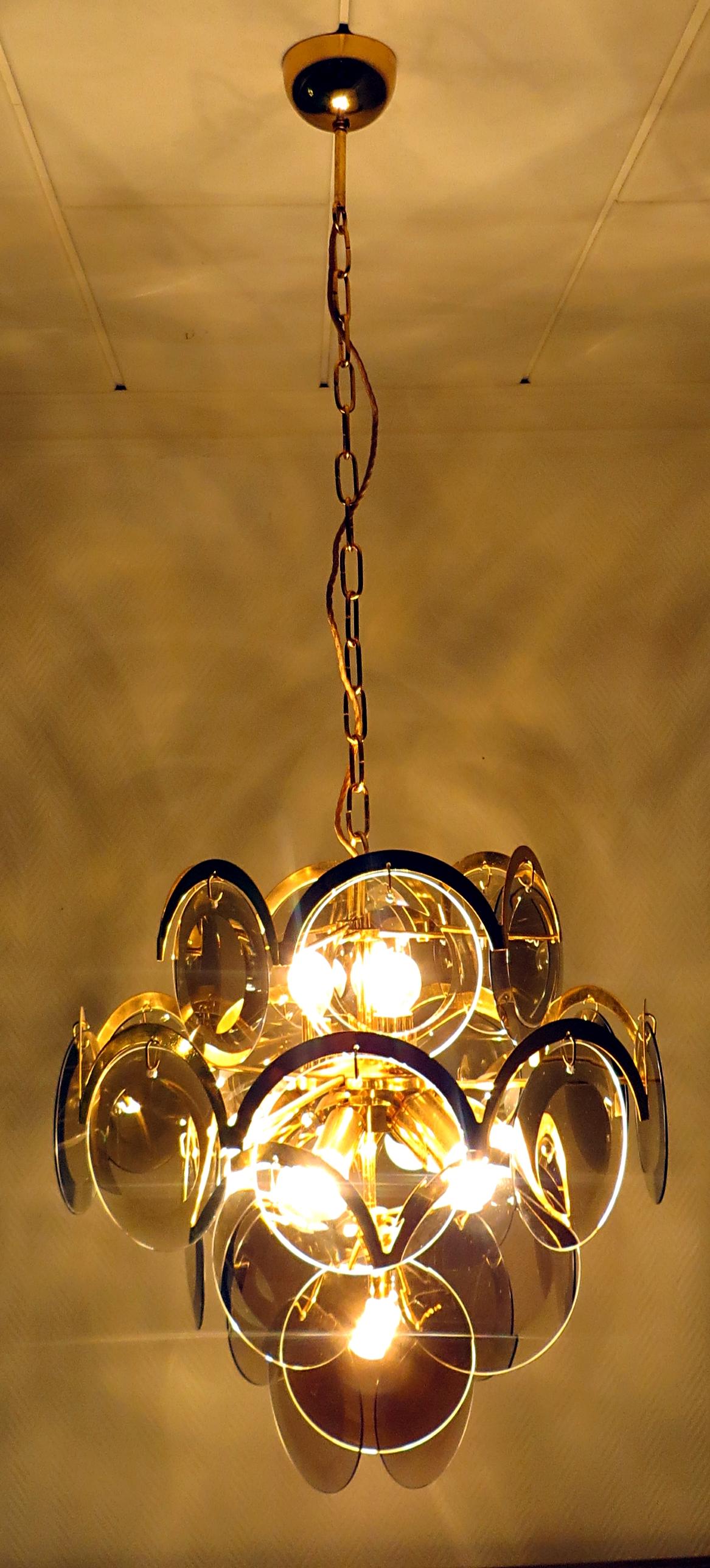 Gino Vistosi Italian Modern Midcentury Murano Disc Glass Chandelier, 1960s For Sale 10