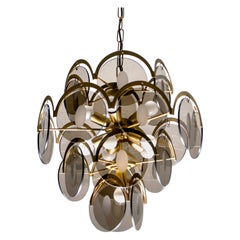 Gino Vistosi Mid-Century Modern Amber Glass and Brass Chandelier, 1960s