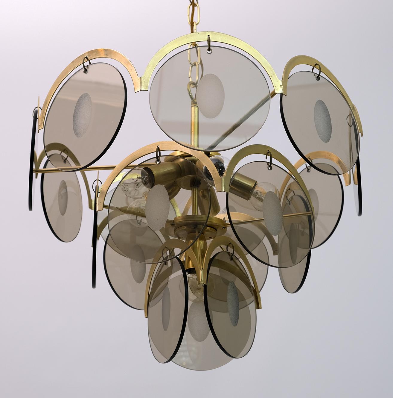 Gino Vistosi Mid-Century Modern Amber Glass and Brass Chandelier, 1970s For Sale 1