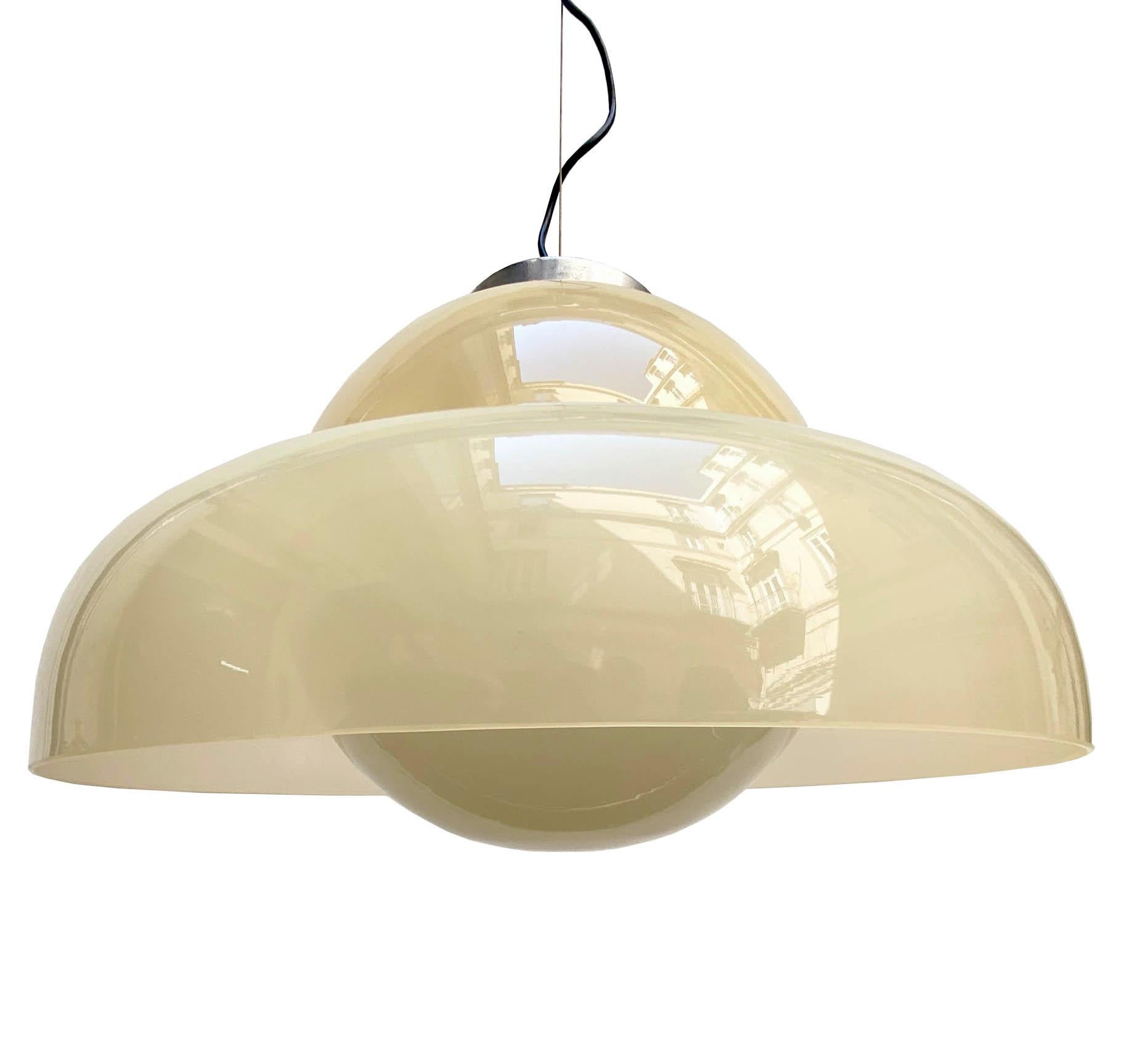 Suspension lamp in Murano glass amber color and white sphere.