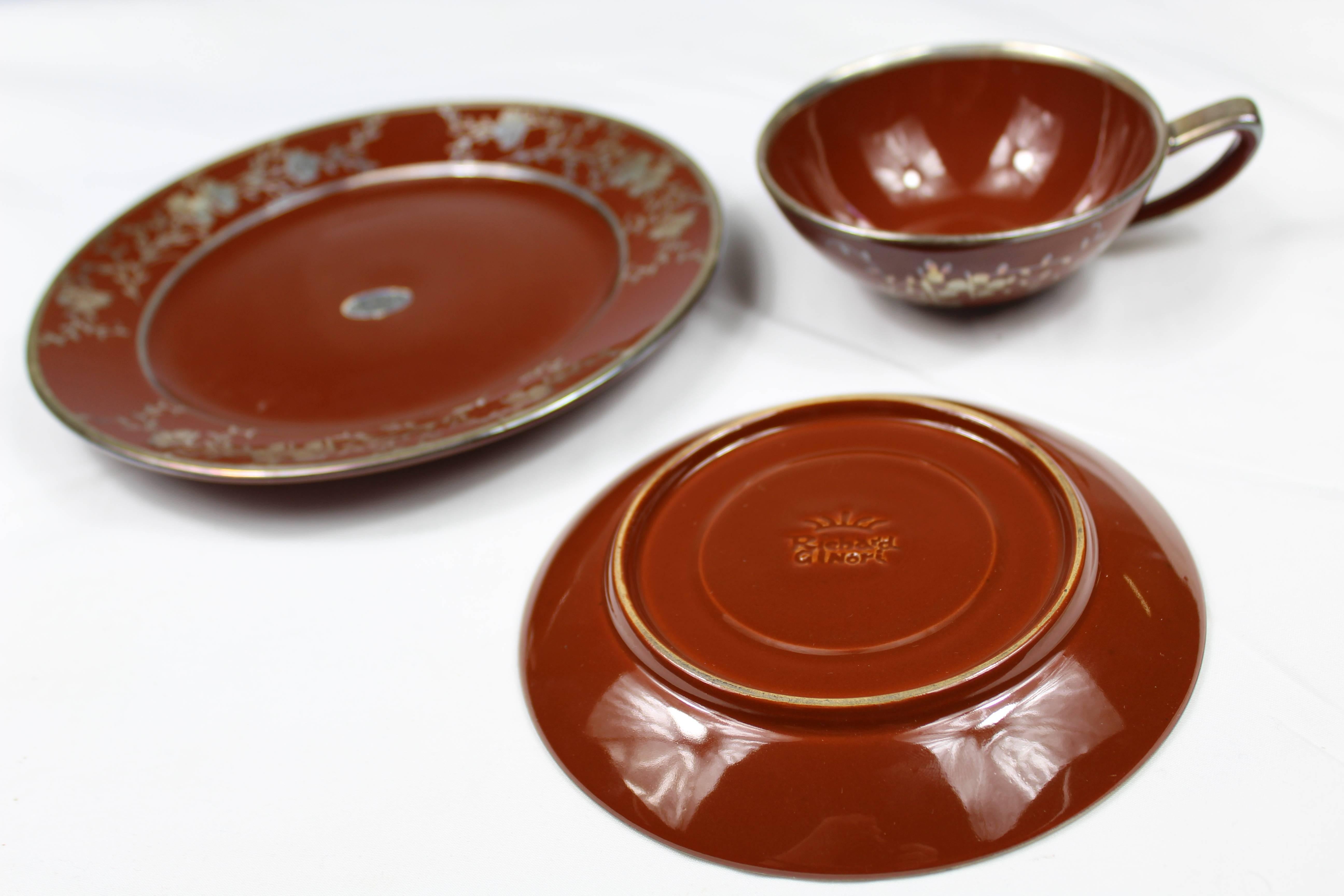 Ginori Ceramic Tea Set with Dessert Plates in 925 Silver, 1940s 4