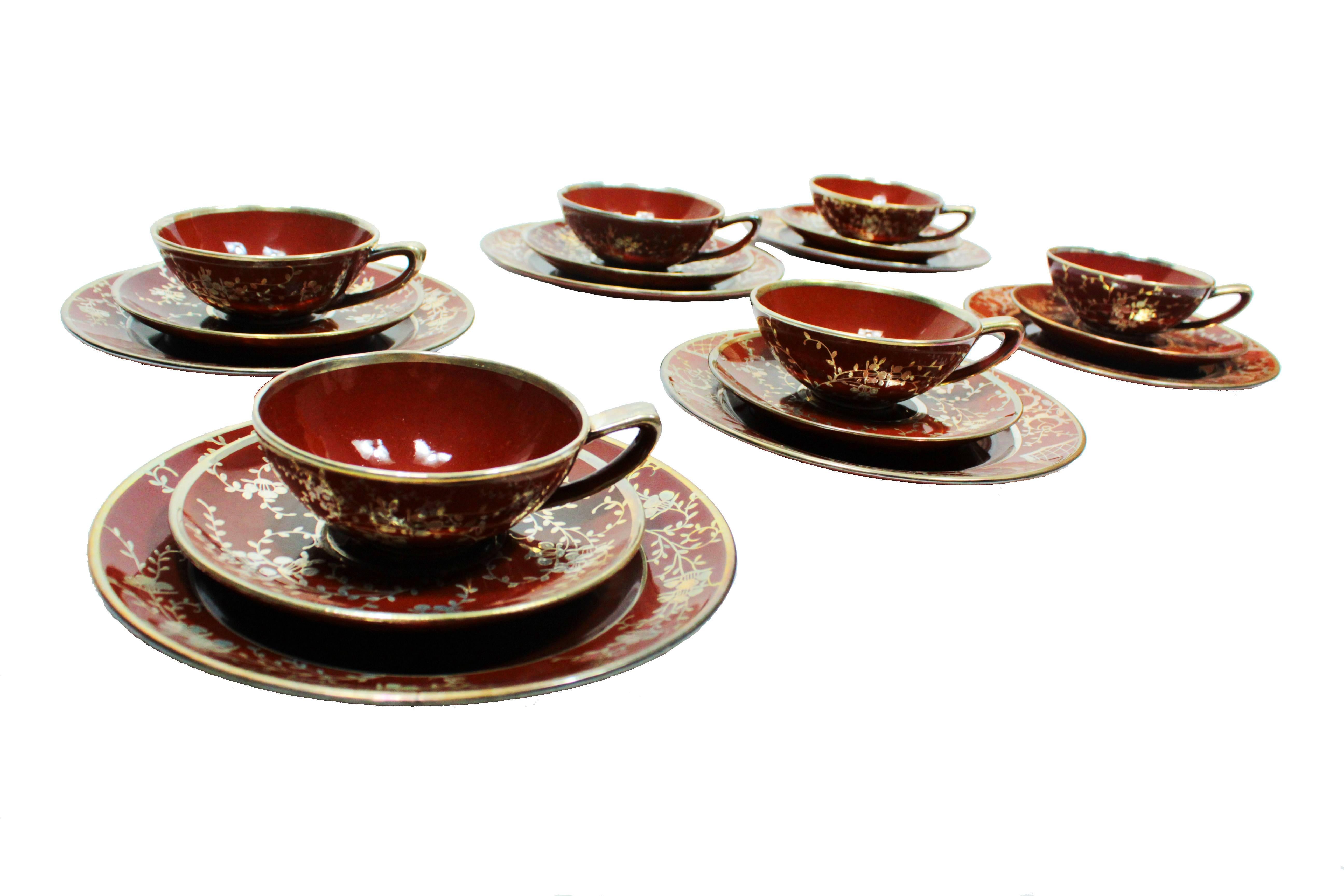 Hand-Painted Ginori Ceramic Tea Set with Dessert Plates in 925 Silver, 1940s