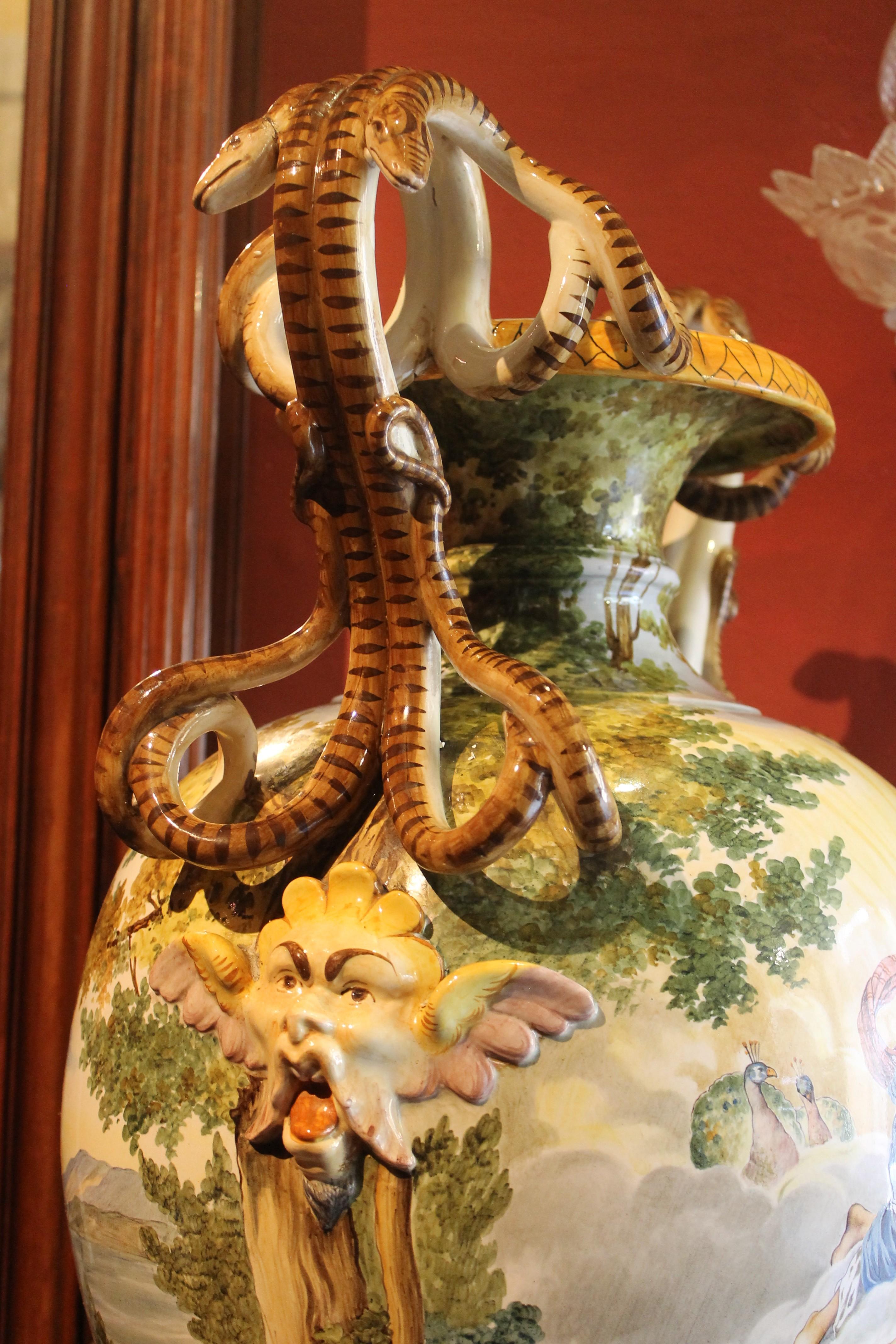 Ginori, Italian Hand Painted Faience Vase, Snakes Handles Renaissance Revival 4