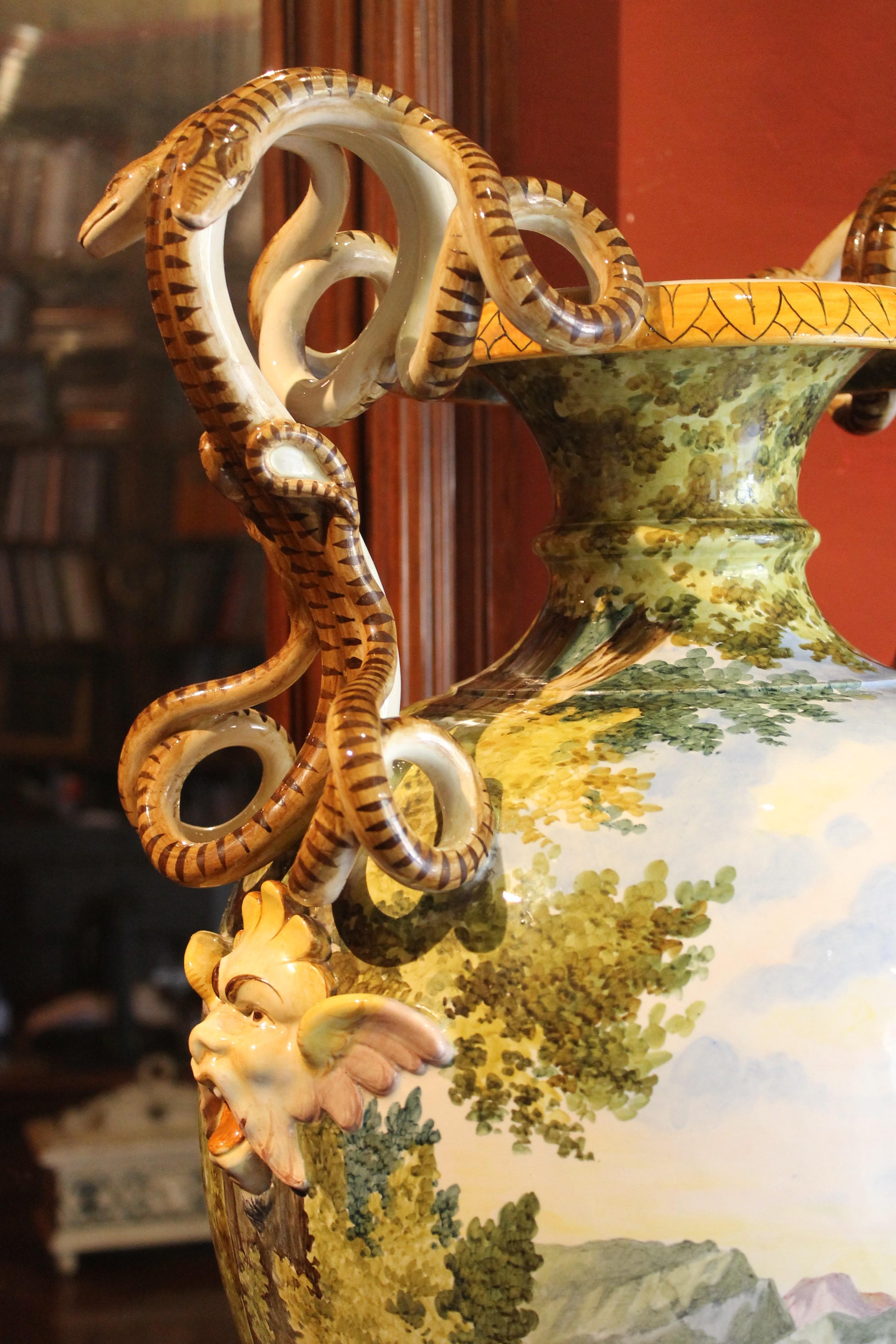 Ginori, Italian Hand Painted Faience Vase, Snakes Handles Renaissance Revival 5