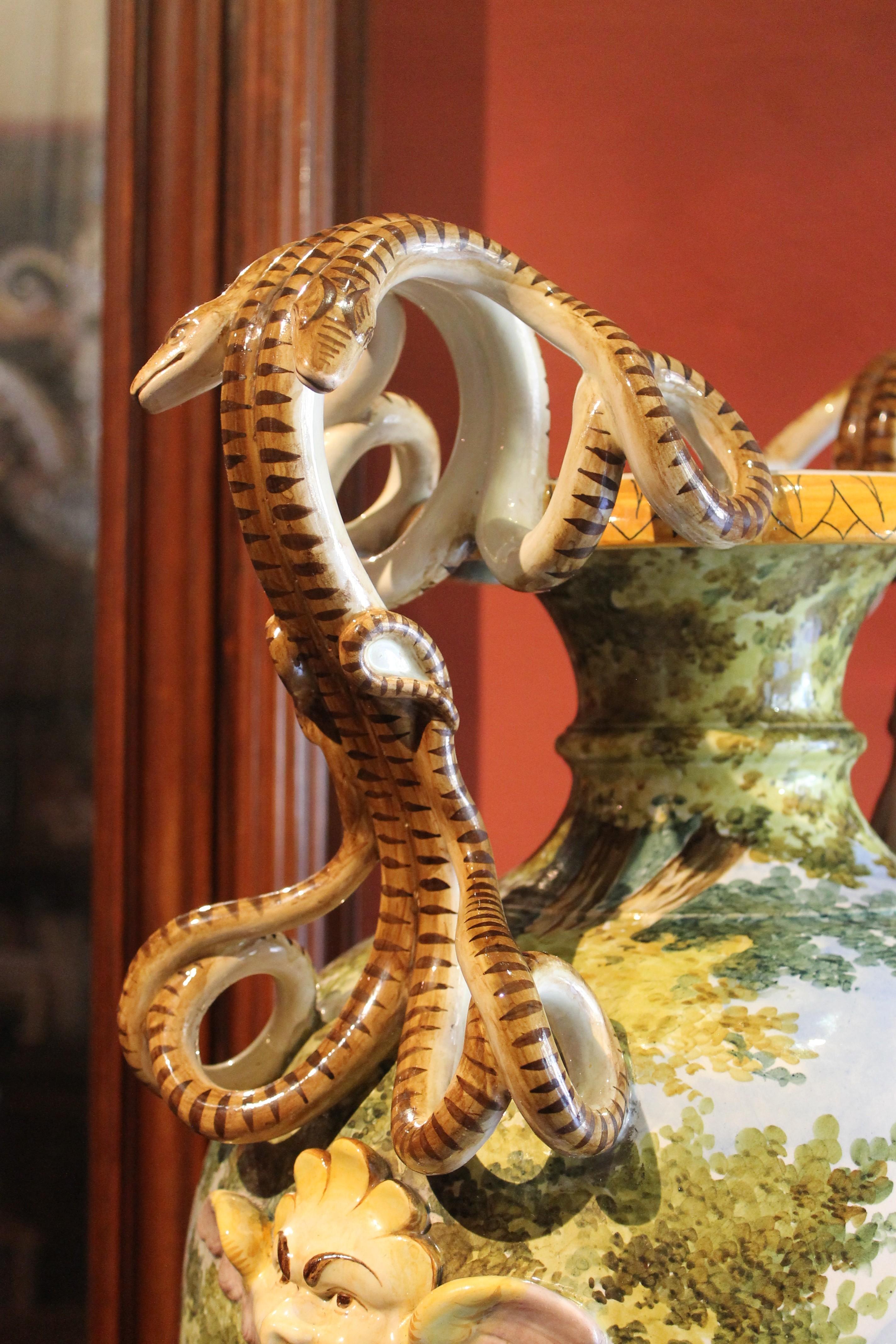 Ginori, Italian Hand Painted Faience Vase, Snakes Handles Renaissance Revival 6