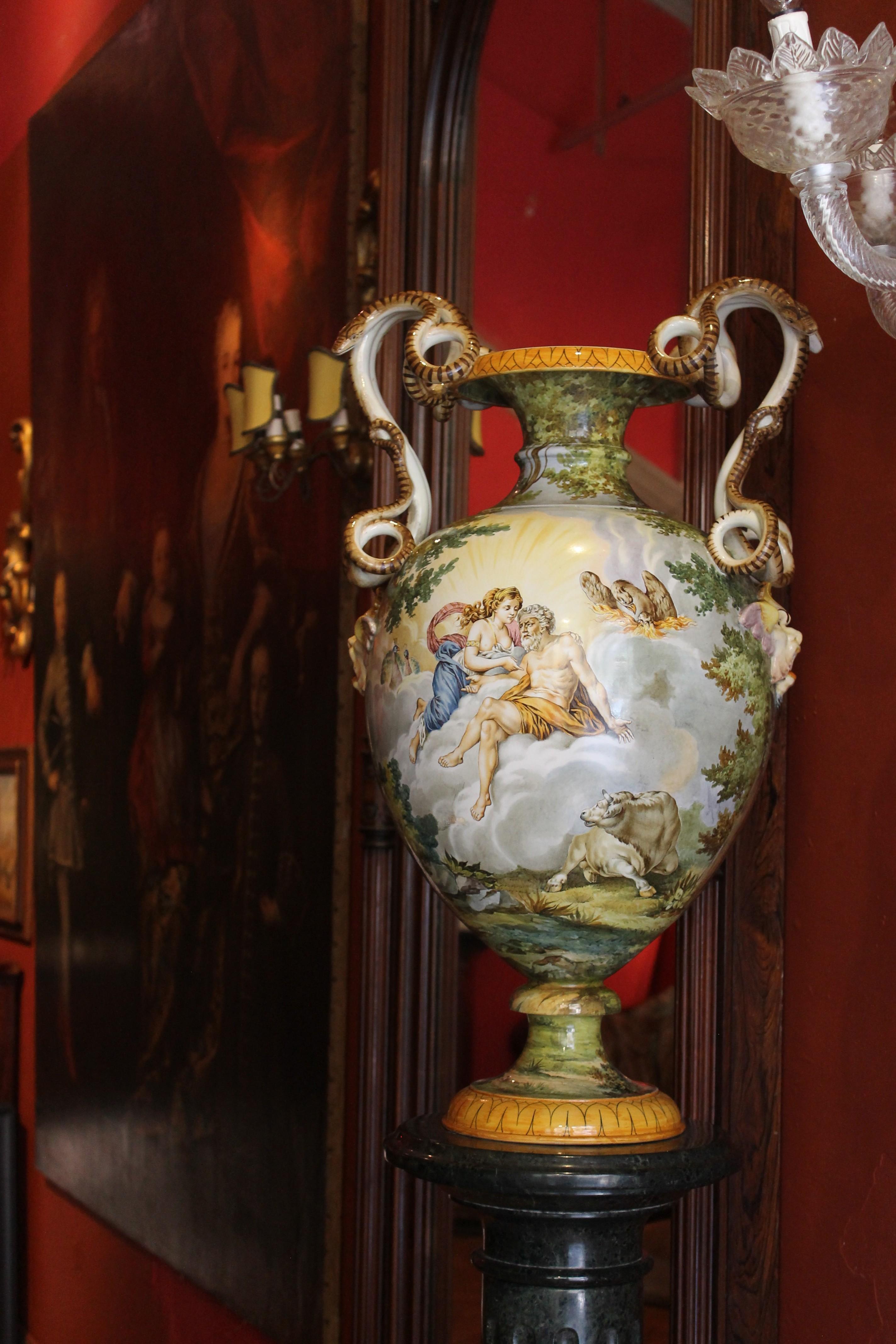 Hand-Painted Ginori, Italian Hand Painted Faience Vase, Snakes Handles Renaissance Revival