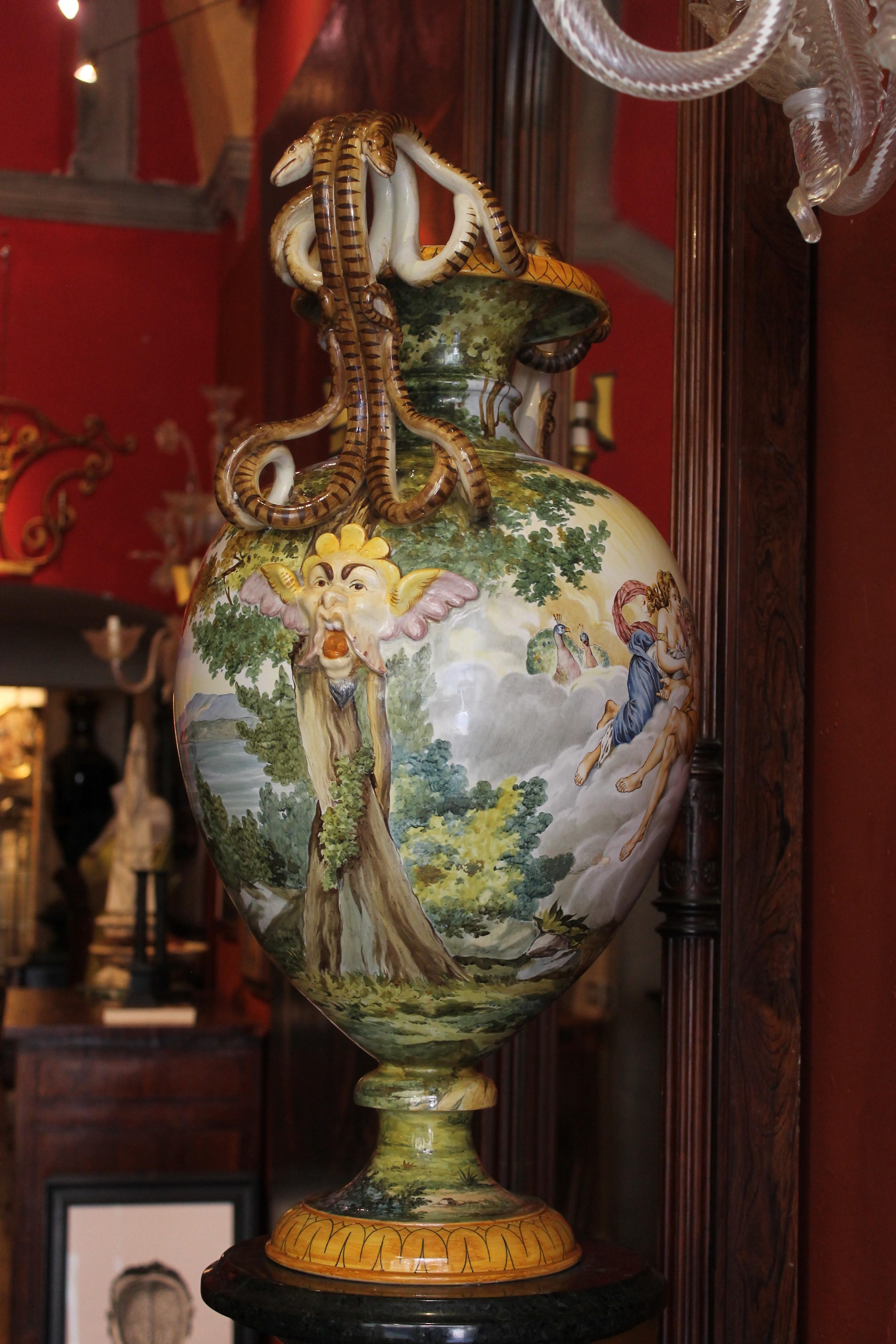 19th Century Ginori, Italian Hand Painted Faience Vase, Snakes Handles Renaissance Revival