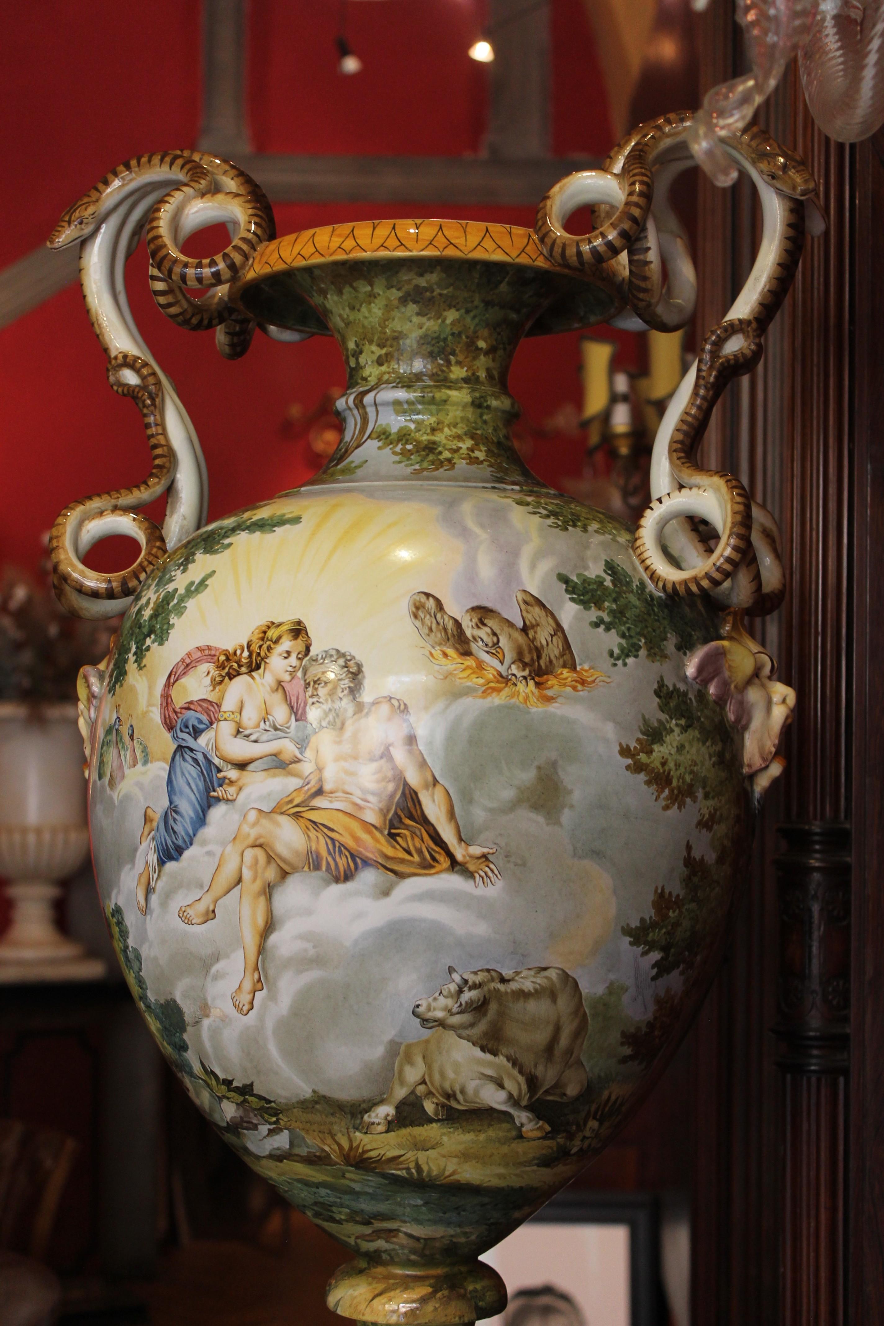 Ginori, Italian Hand Painted Faience Vase, Snakes Handles Renaissance Revival 1