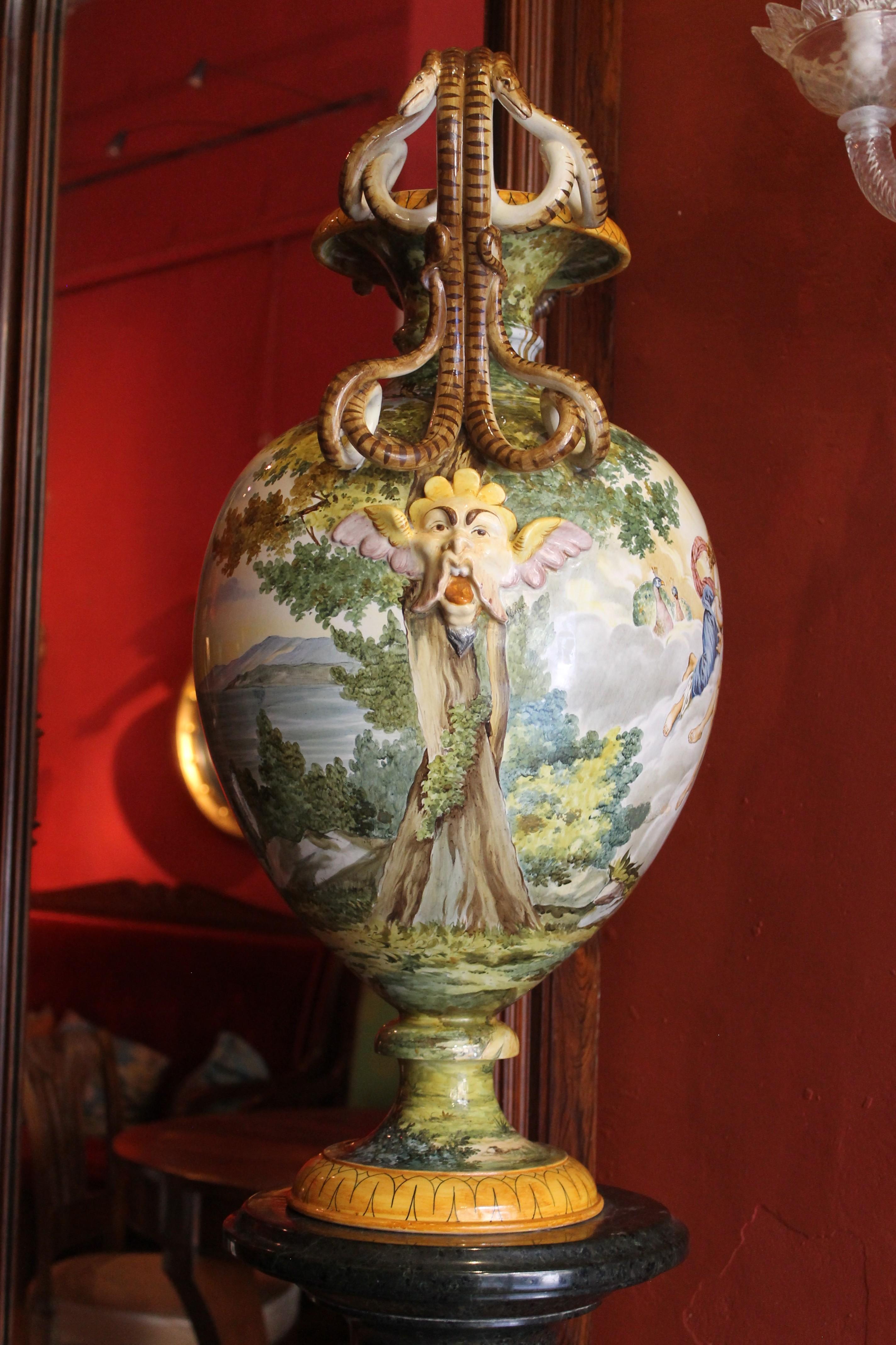 Ginori, Italian Hand Painted Faience Vase, Snakes Handles Renaissance Revival 2