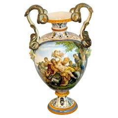 Ginori Majolica Allegorical Serpent Handled Vase