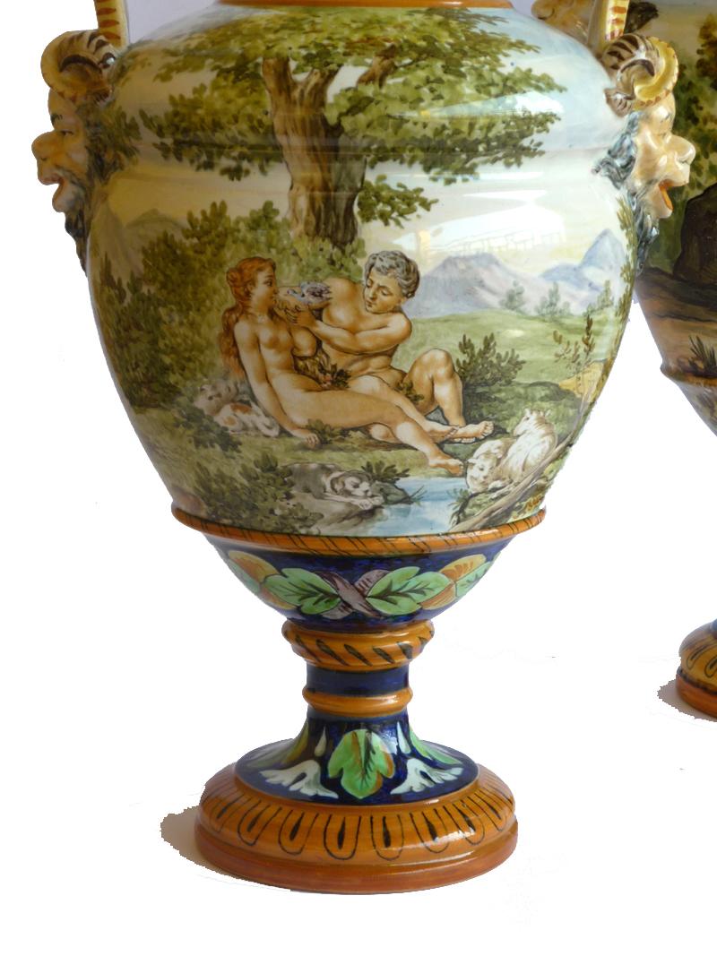 Pair of Majolica vases

Perfect condition, just 3 slight difects (look the pictures).

Measures: H 43 cm
H 35 cm.