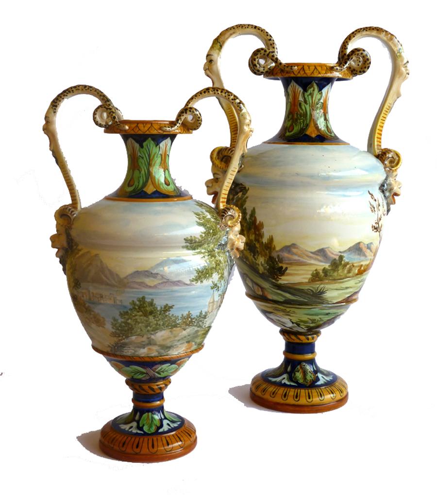 Ginori 19th Century Italian Renaissance Style Majolica Pair of Vases 1