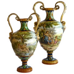 Ginori 19th Century Italian Renaissance Style Majolica Pair of Vases