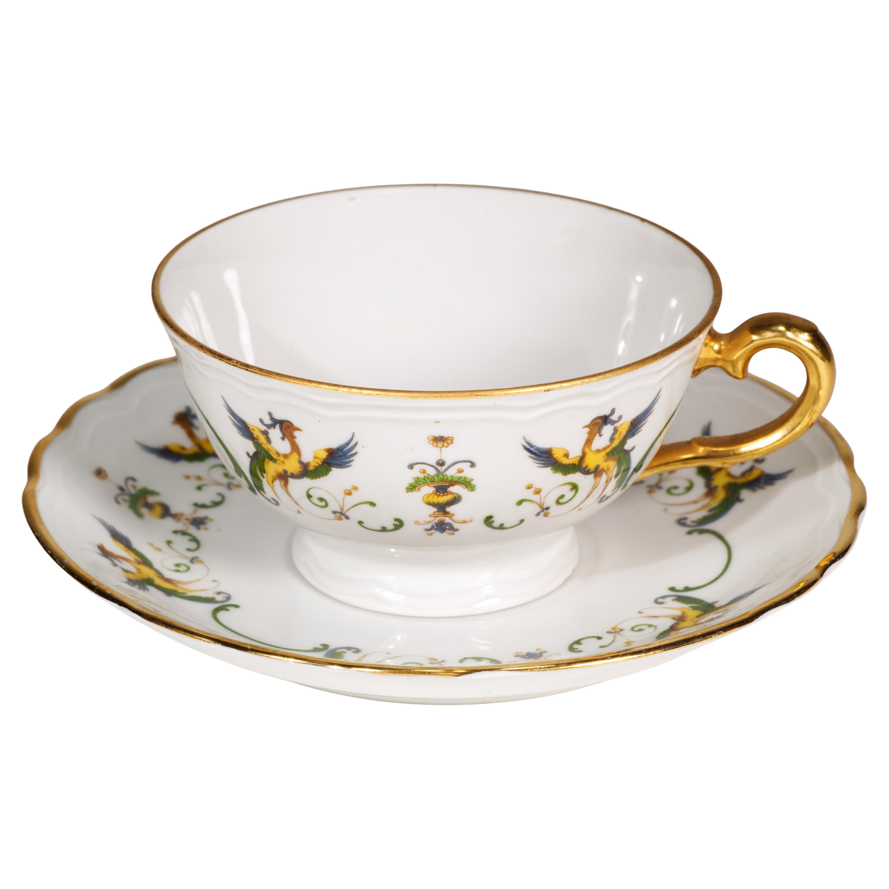 Ginori-Porzellanbecher- und Untertasse-Set, Maiolica-Muster, Italien 1950er-1960er Jahre