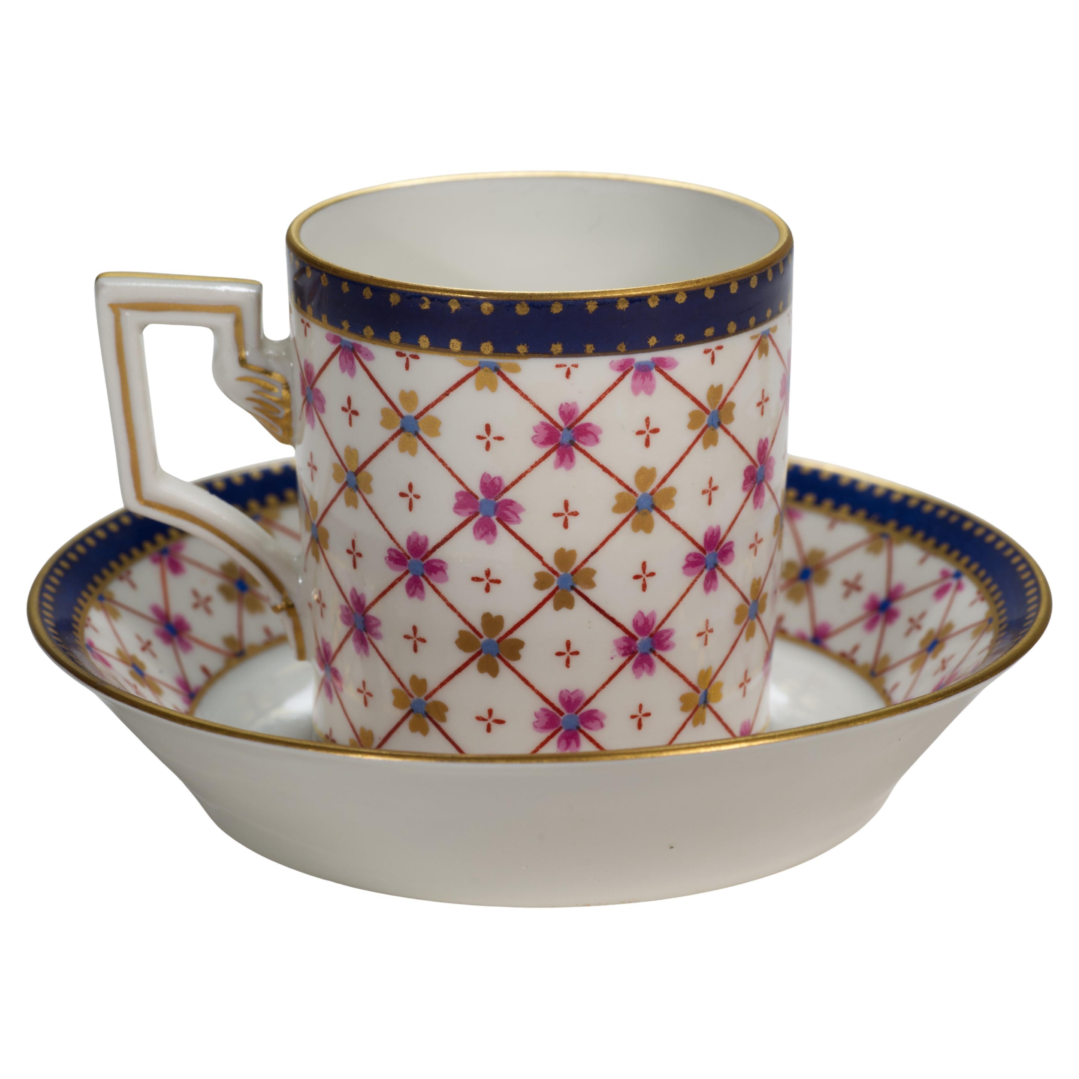 Ginori Porcelain Espresso Cup and Saucer Set, Geometric Decor, Italy 1950s