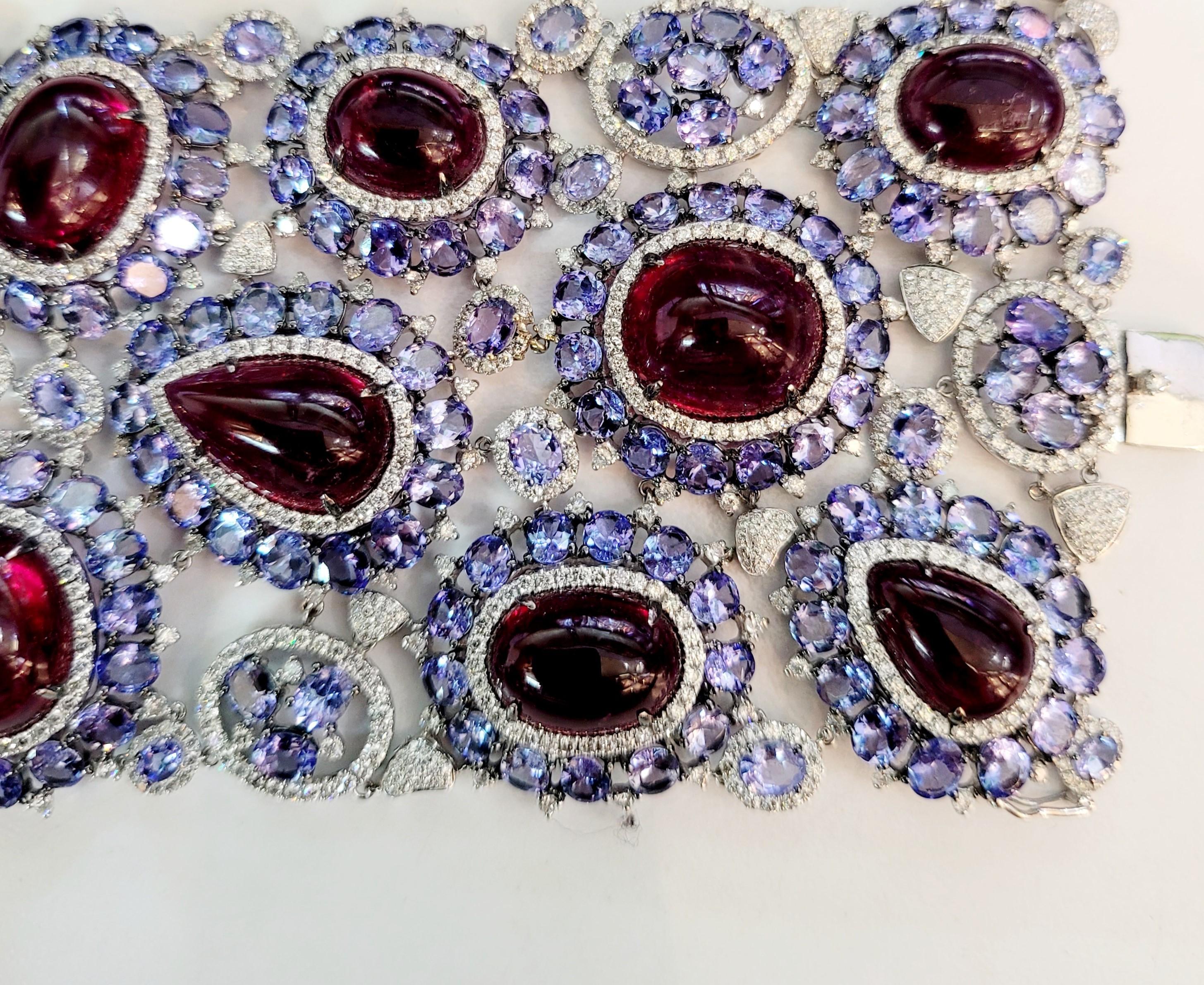 Round Cut Ginormus 237 carat Rubyllite, 16 carats Tanzanite and Diamond Bracelet in 18KWG For Sale