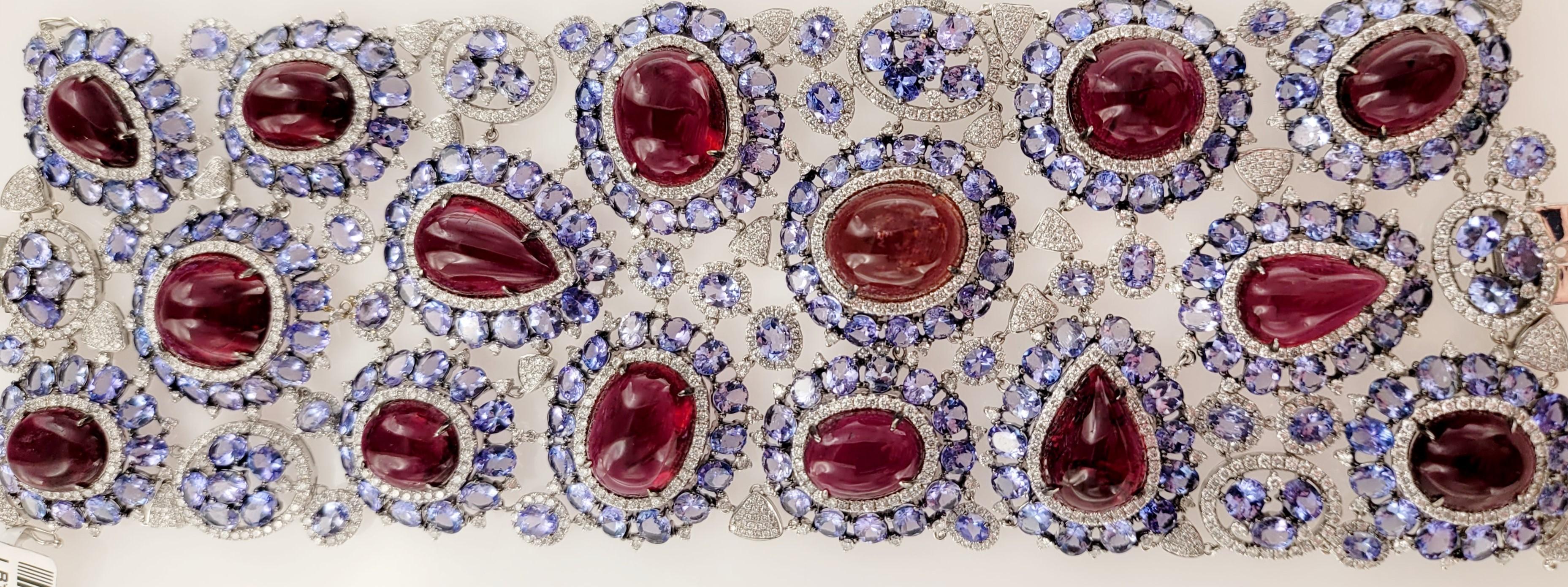 Ginormus 237 carat Rubyllite, 16 carats Tanzanite and Diamond Bracelet in 18KWG In New Condition For Sale In New York, NY