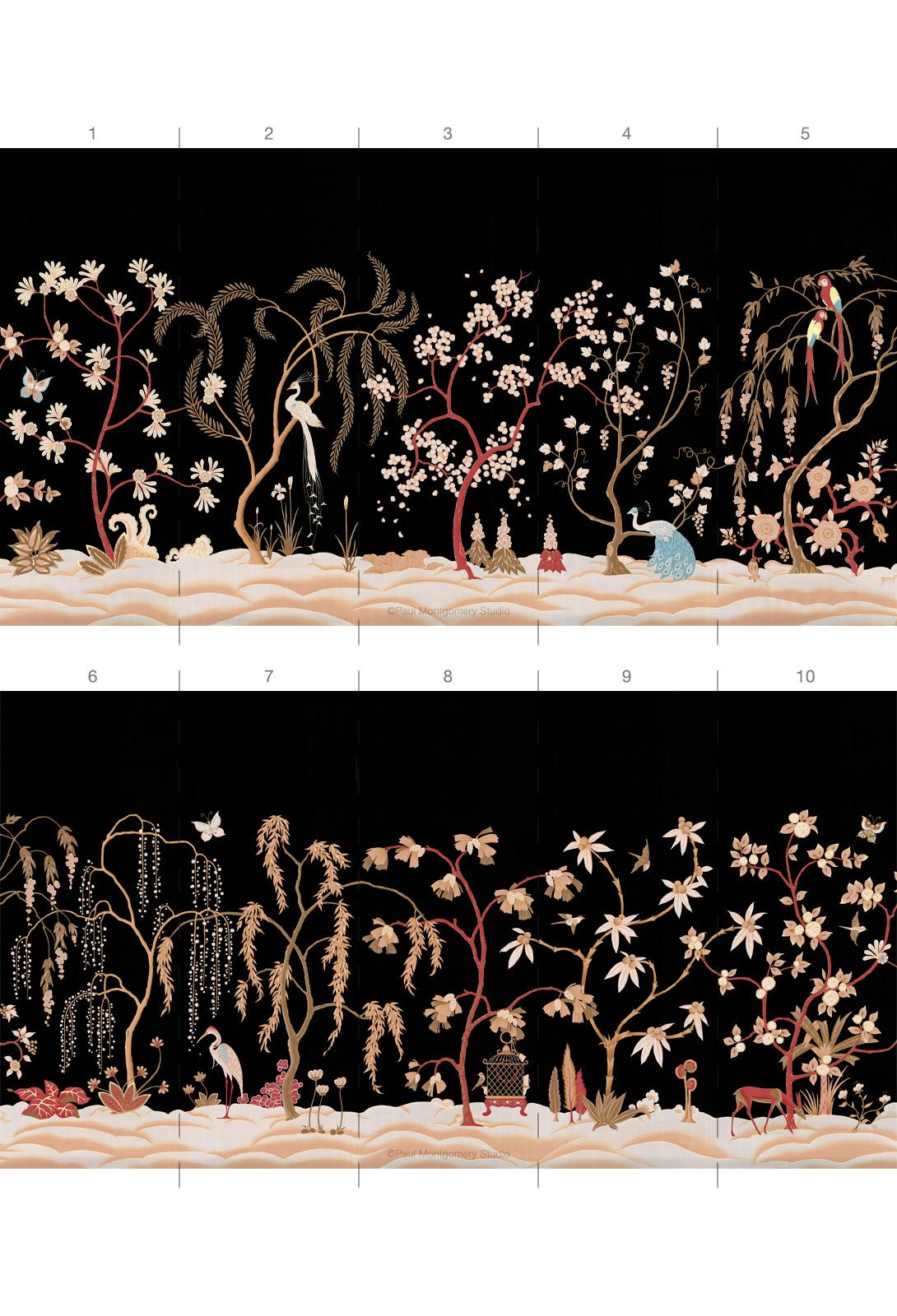 Ginsgerg is a Chinoiserie mural but rendered in the Art Deco style.  Each panel is delicately hand-painted on a lustrous black silk with creams reds, and shining gold paints.  Consisting of 10 consecutive three foot wide panels, the full mural fills