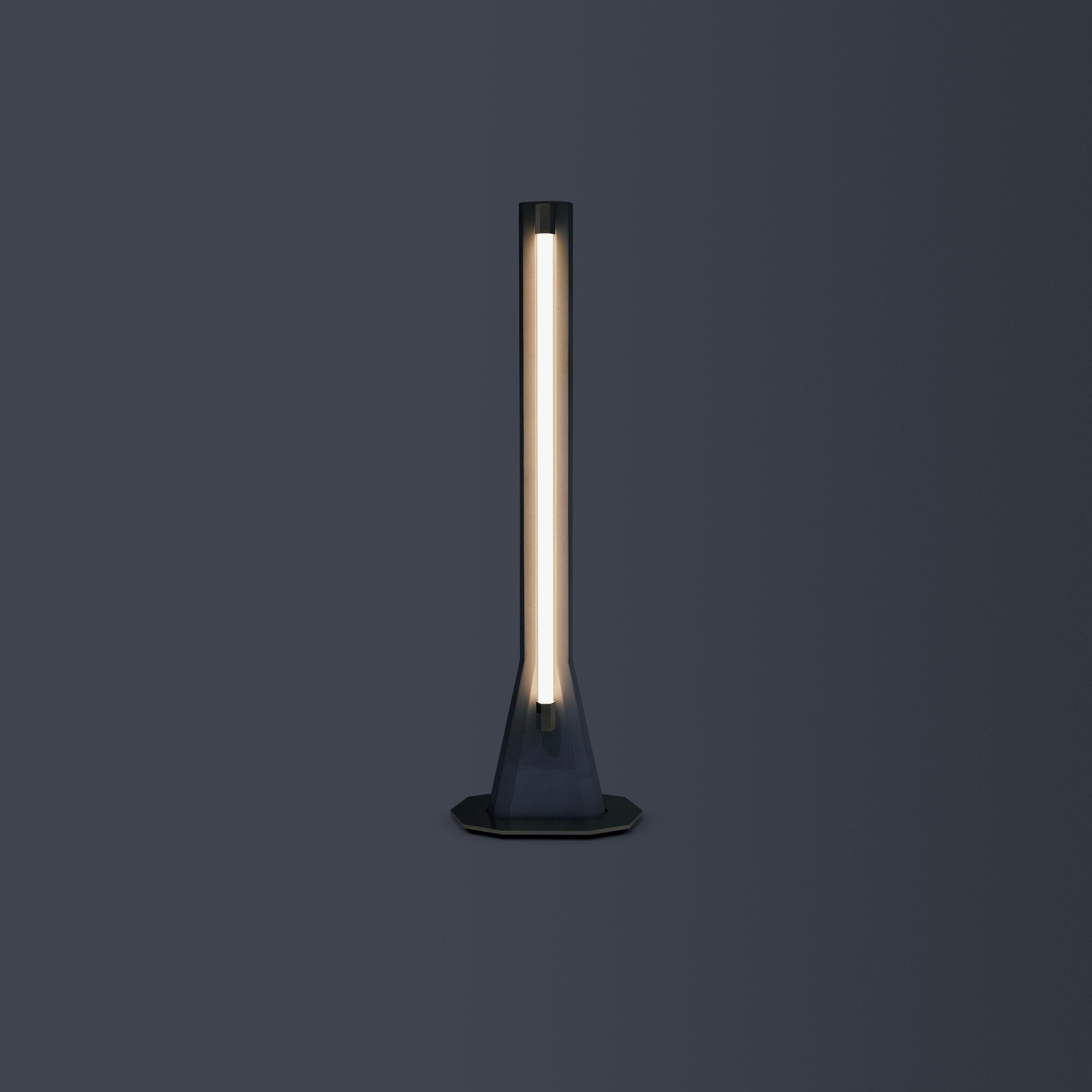 The Ginza floor lamp by Victoria Wilmotte is a sculpture from any angle whether on or off . Made from cast concrete in Alfa French Grey finish it is balanced with a polished gold finish base and detailing that provides the perfect foil. The LED tube