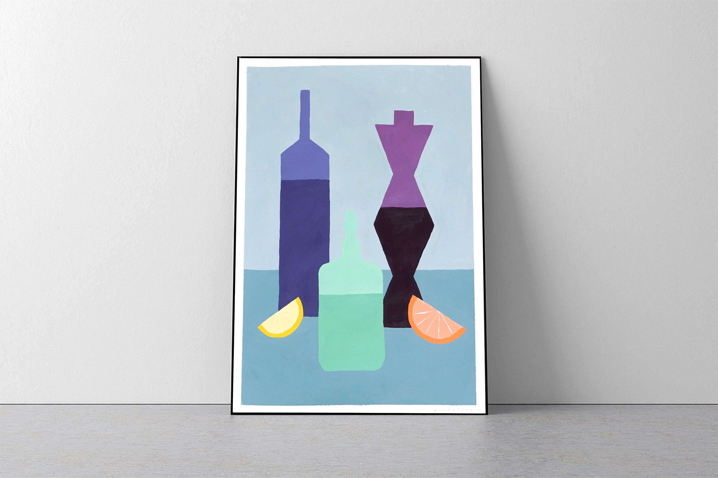 Alchemy Lab, Modern Still Life, Vivid Tones Green and Purple Bottle Silhouette - Painting by Gio Bellagio