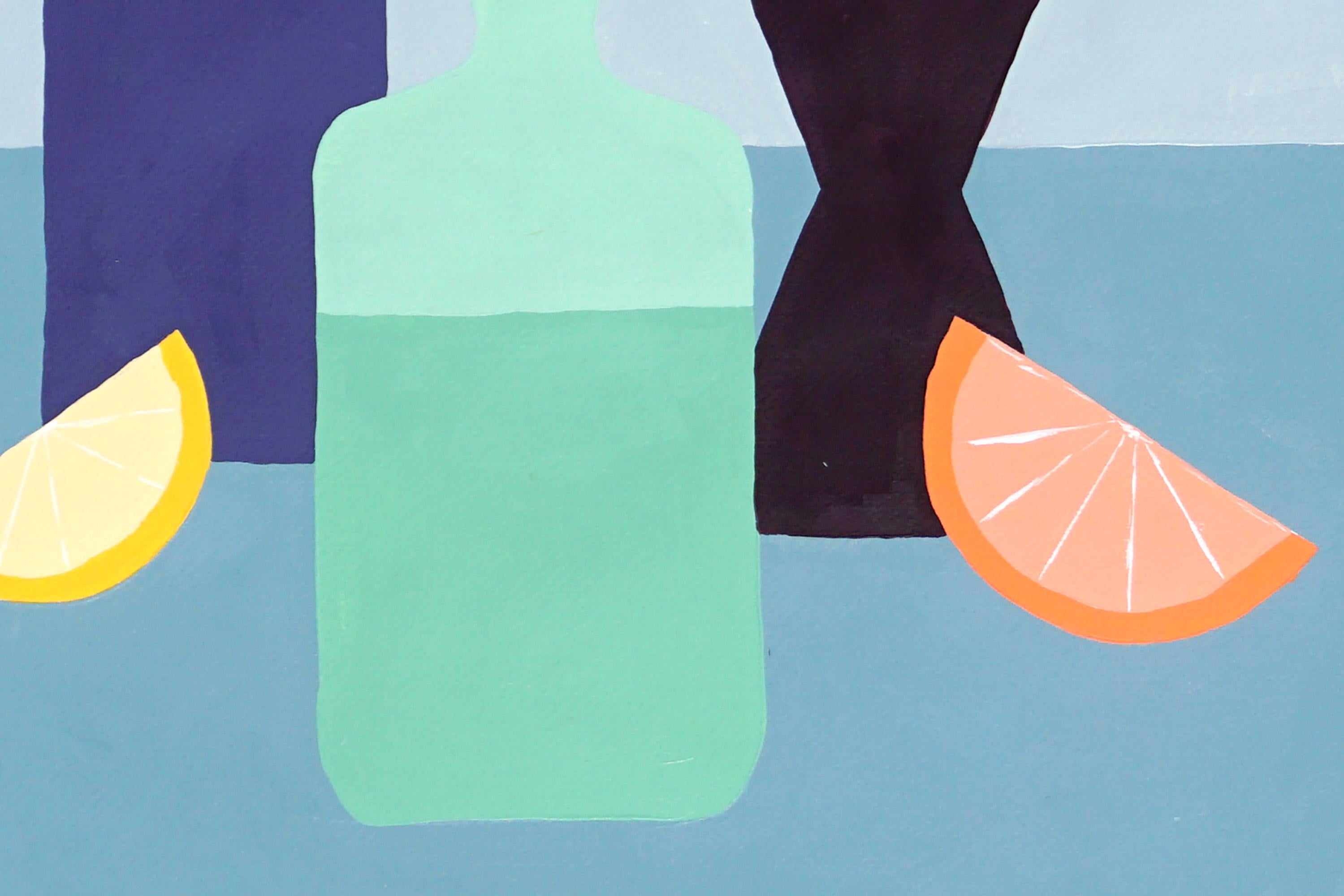 Laboratorio de Alquimia, Bodegón Moderno, Tonos Vivos Silueta de Botella Verde y Violeta - Painting Geométrico abstracto de Gio Bellagio