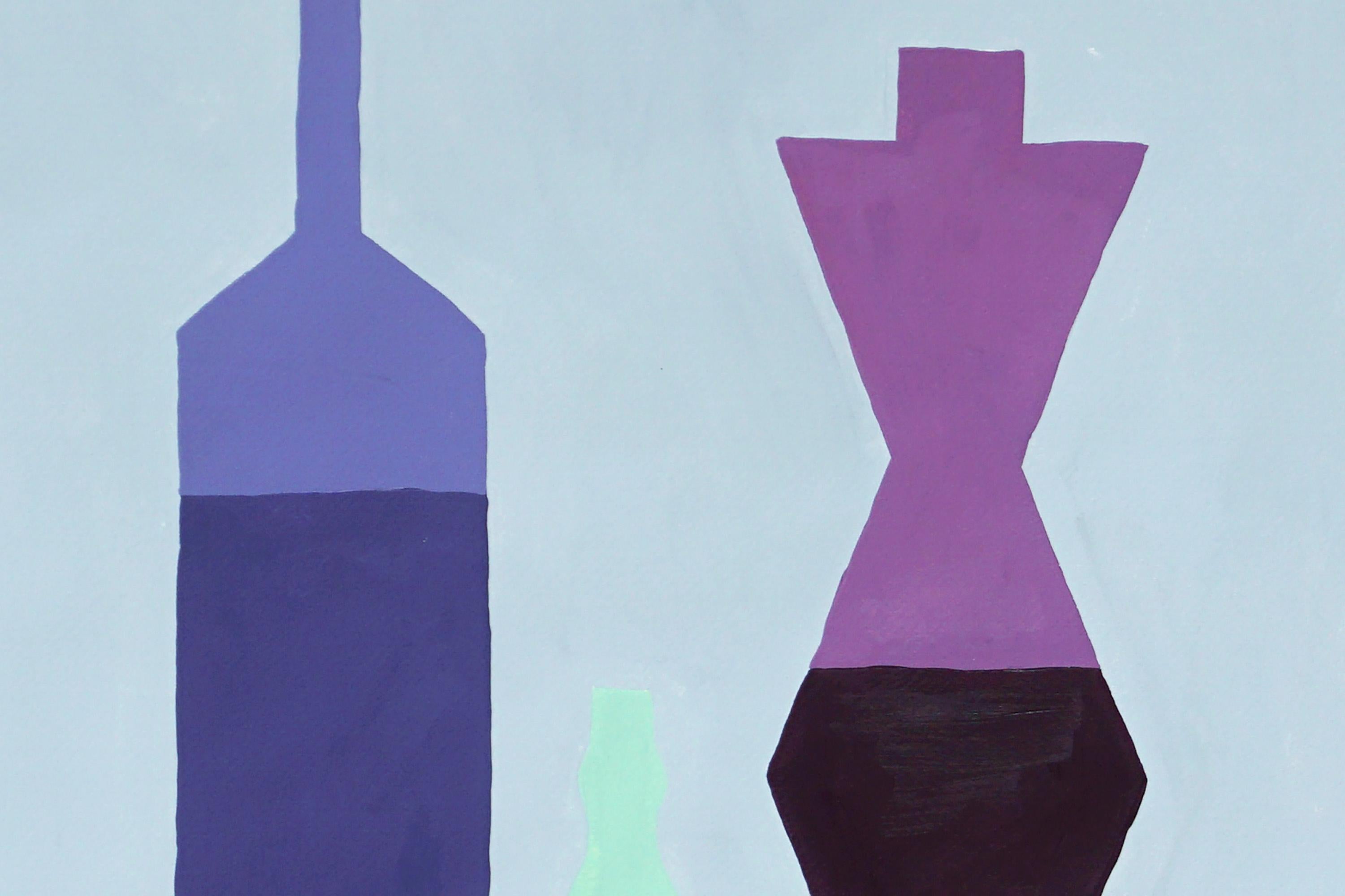 Alchemy Lab, Modern Still Life, Vivid Tones Green and Purple Bottle Silhouette - Abstract Geometric Painting by Gio Bellagio