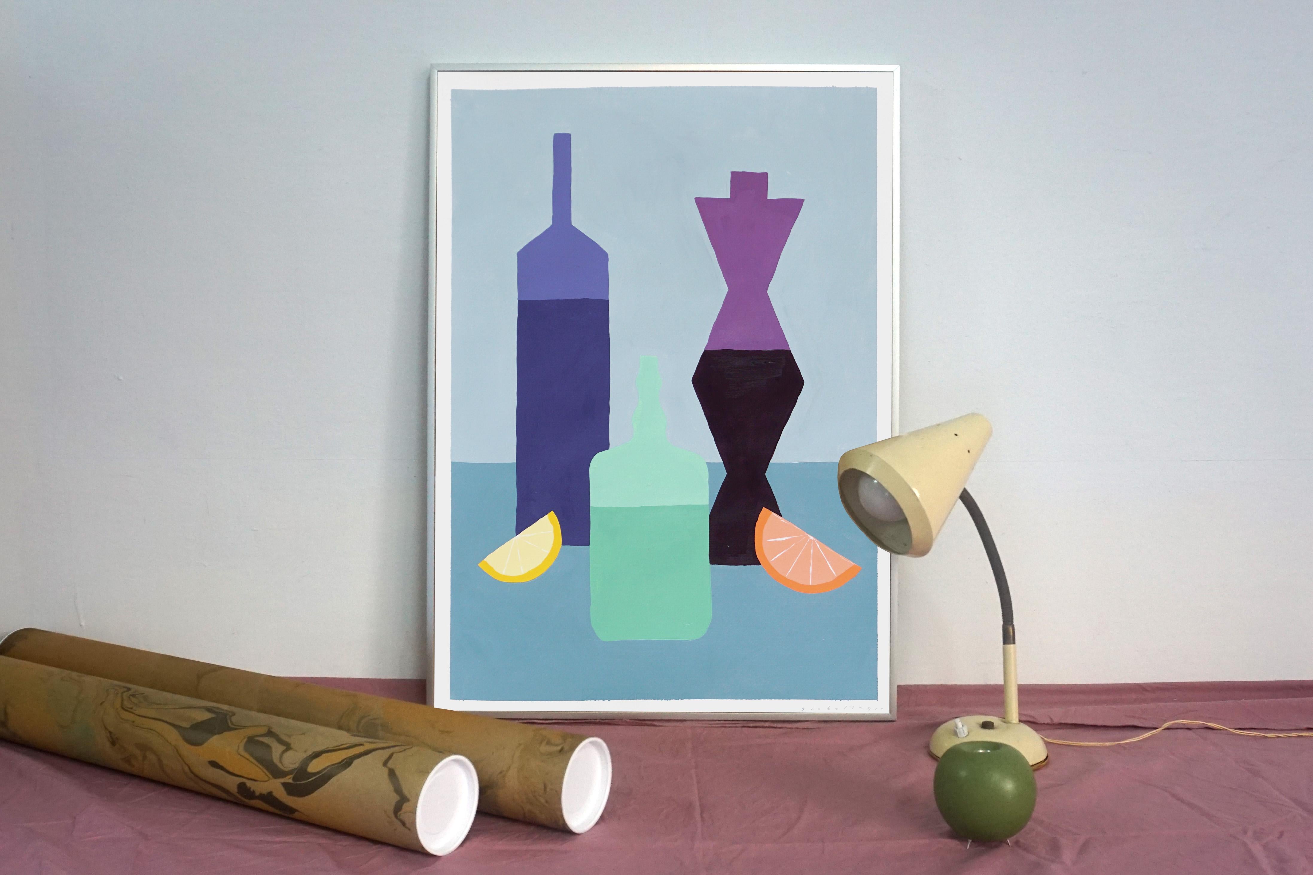 Laboratorio de Alquimia, Bodegón Moderno, Tonos Vivos Silueta de Botella Verde y Violeta en venta 2