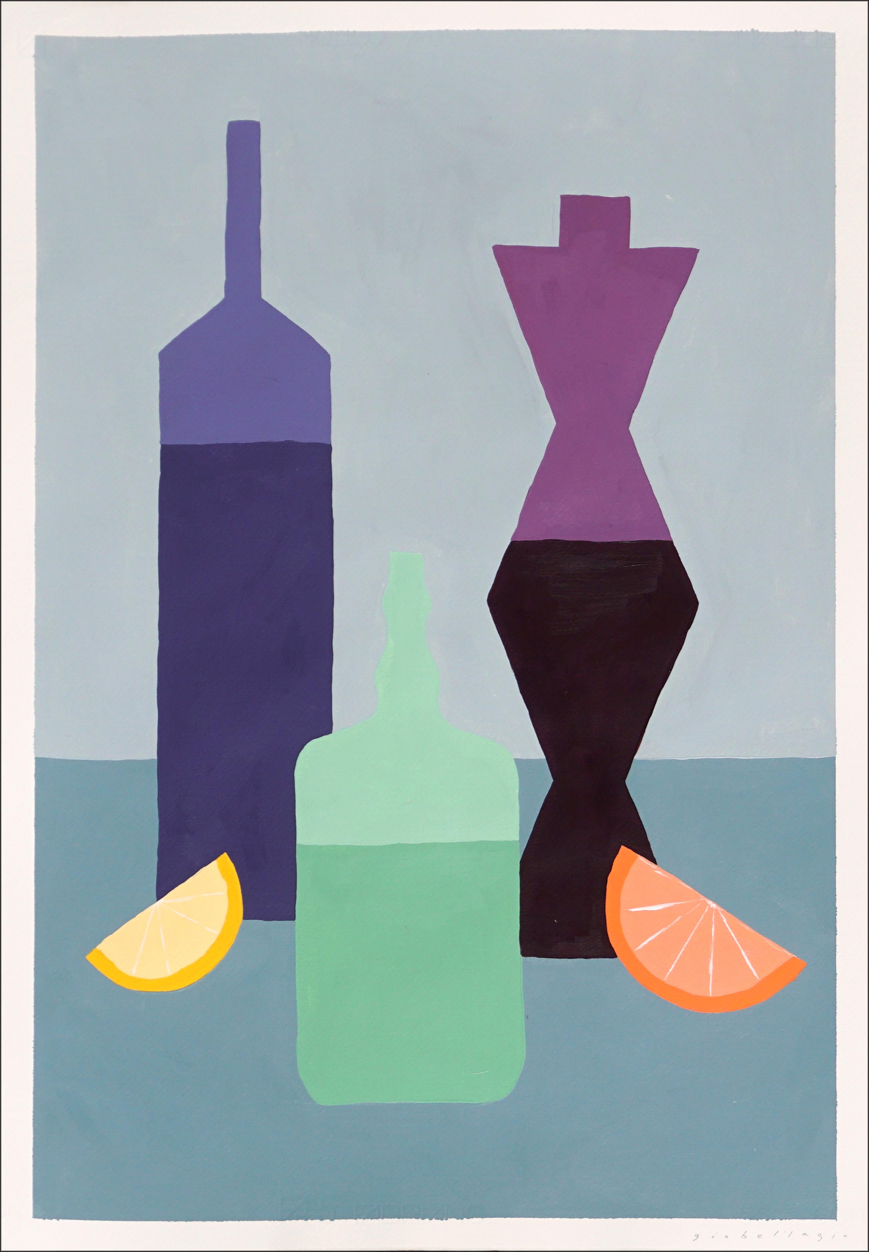 Gio Bellagio Still-Life Painting - Alchemy Lab, Modern Still Life, Vivid Tones Green and Purple Bottle Silhouette