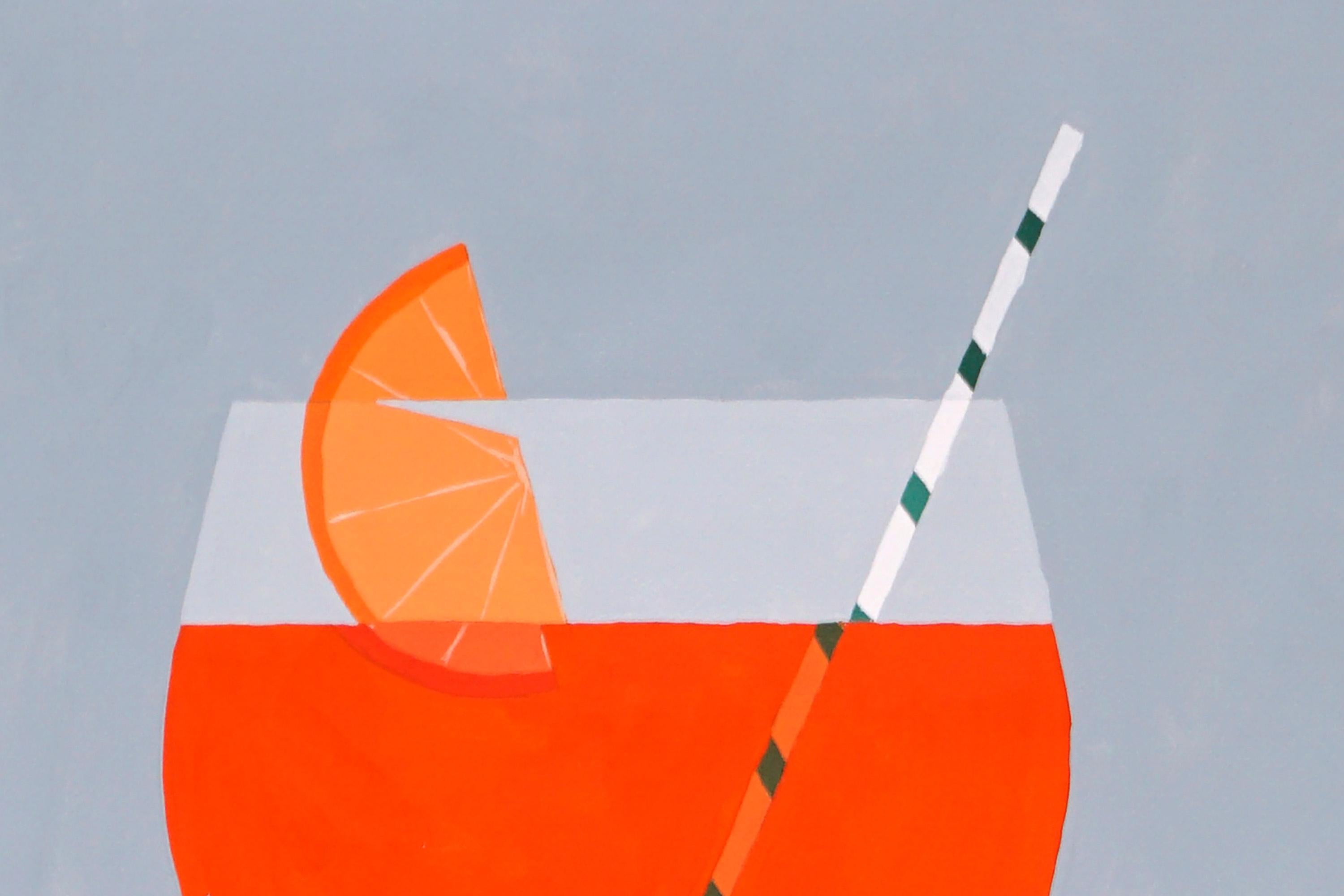 Questo quadro ritrae una scena italiana contemporanea di still-life di un cocktail Aperol Spritz all'arancia vibrante, seduto in un bicchiere con stelo e ornato da una fetta di arancia fresca. Lo sfondo grigio a blocchi crea un'atmosfera sognante e