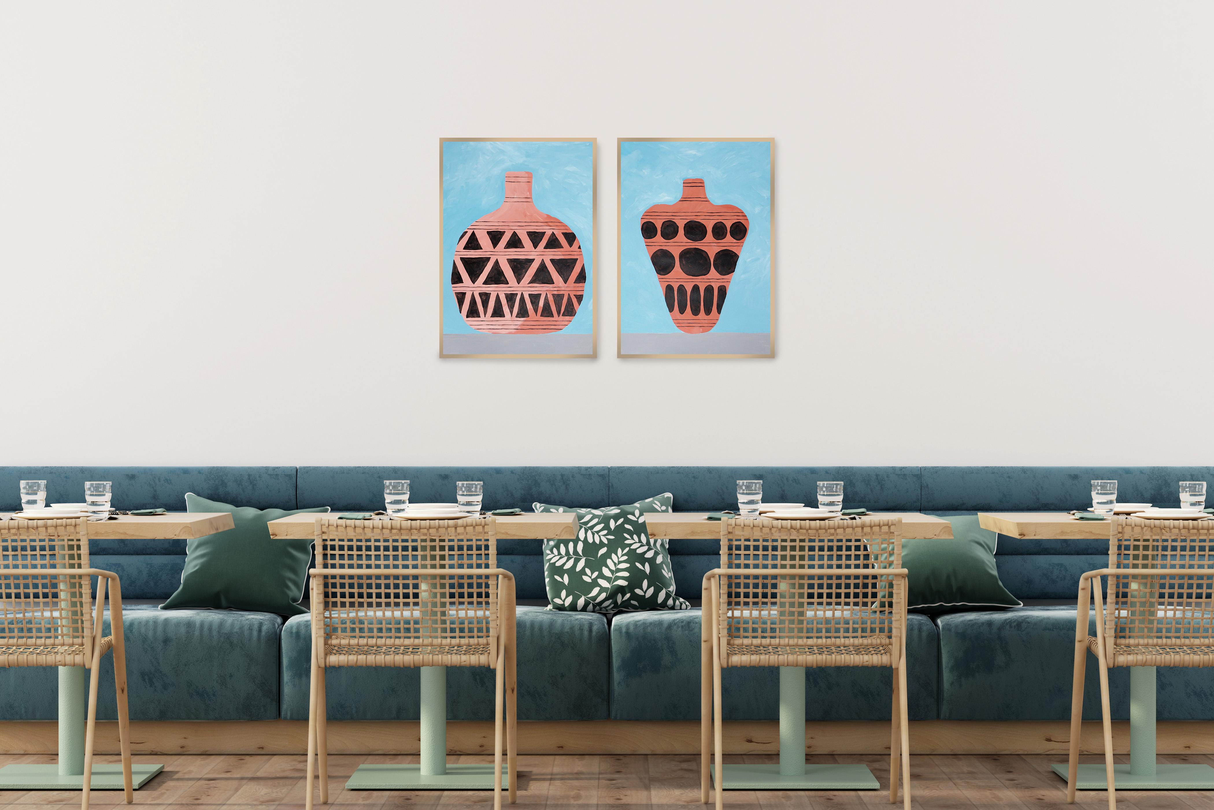 Dittico di vasi greci arcaici, vaso con motivi in ceramica, pittura acrilica su carta - Painting di Gio Bellagio