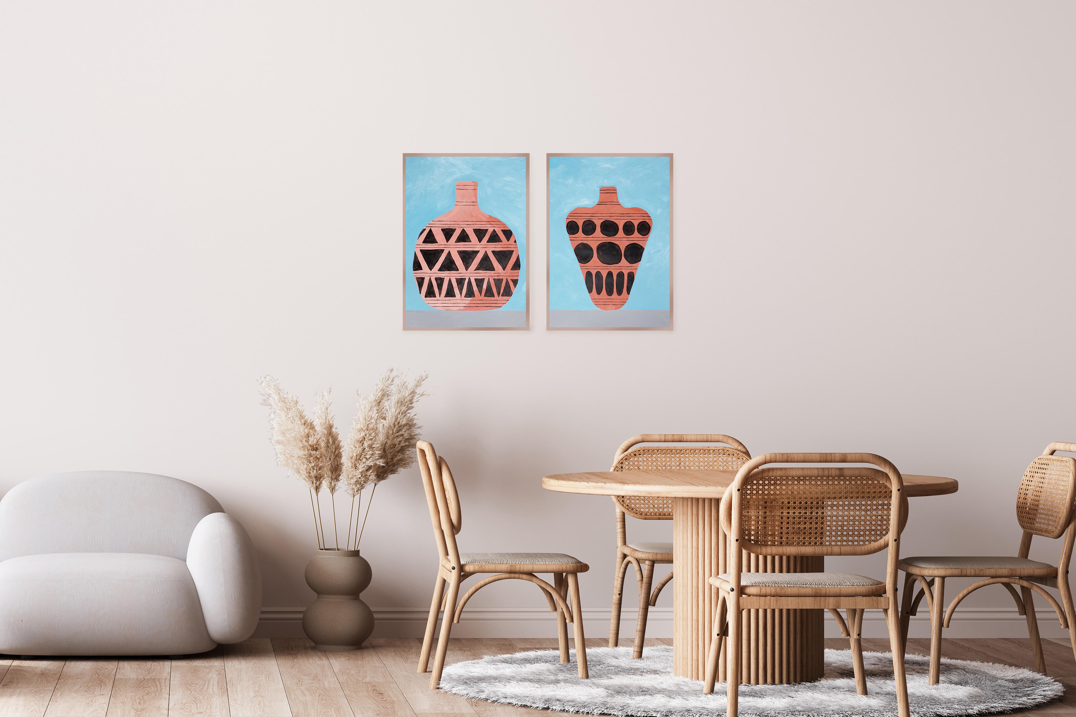 Dittico di vasi greci arcaici, vaso con motivi in ceramica, pittura acrilica su carta - Painting Realismo americano di Gio Bellagio