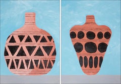 Archaic Greek Pots Diptych, Ceramic Patterns Vessel, Acrylic Painting on Paper