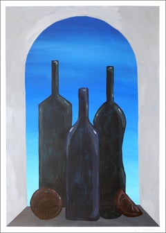 Backlit Window, Figurative Italian Still Life, Black Bottles Silhouette on Paper