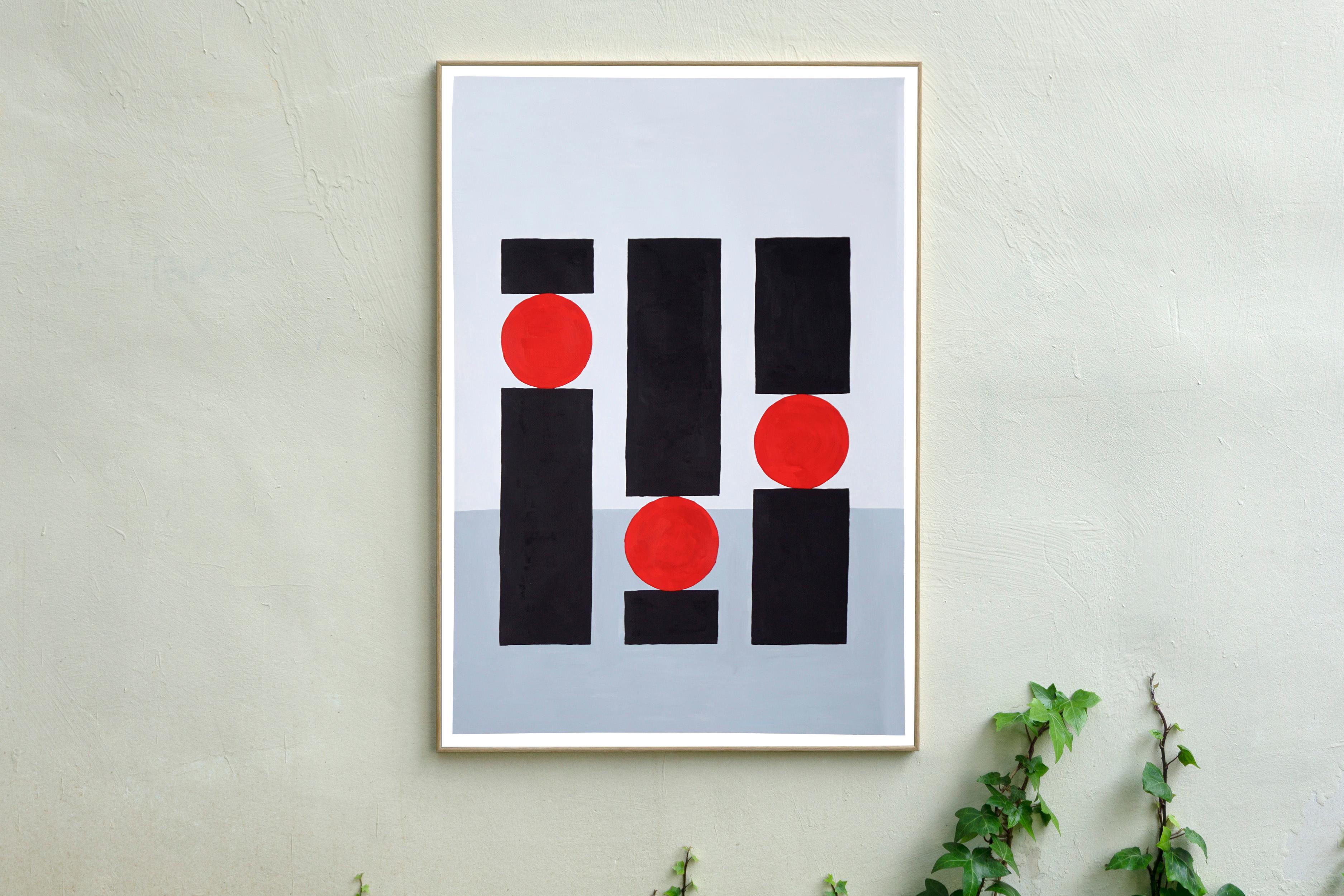 Balance Study for Building, Gray Tones, Red Geometric Architecture, Still Life - Painting by Gio Bellagio