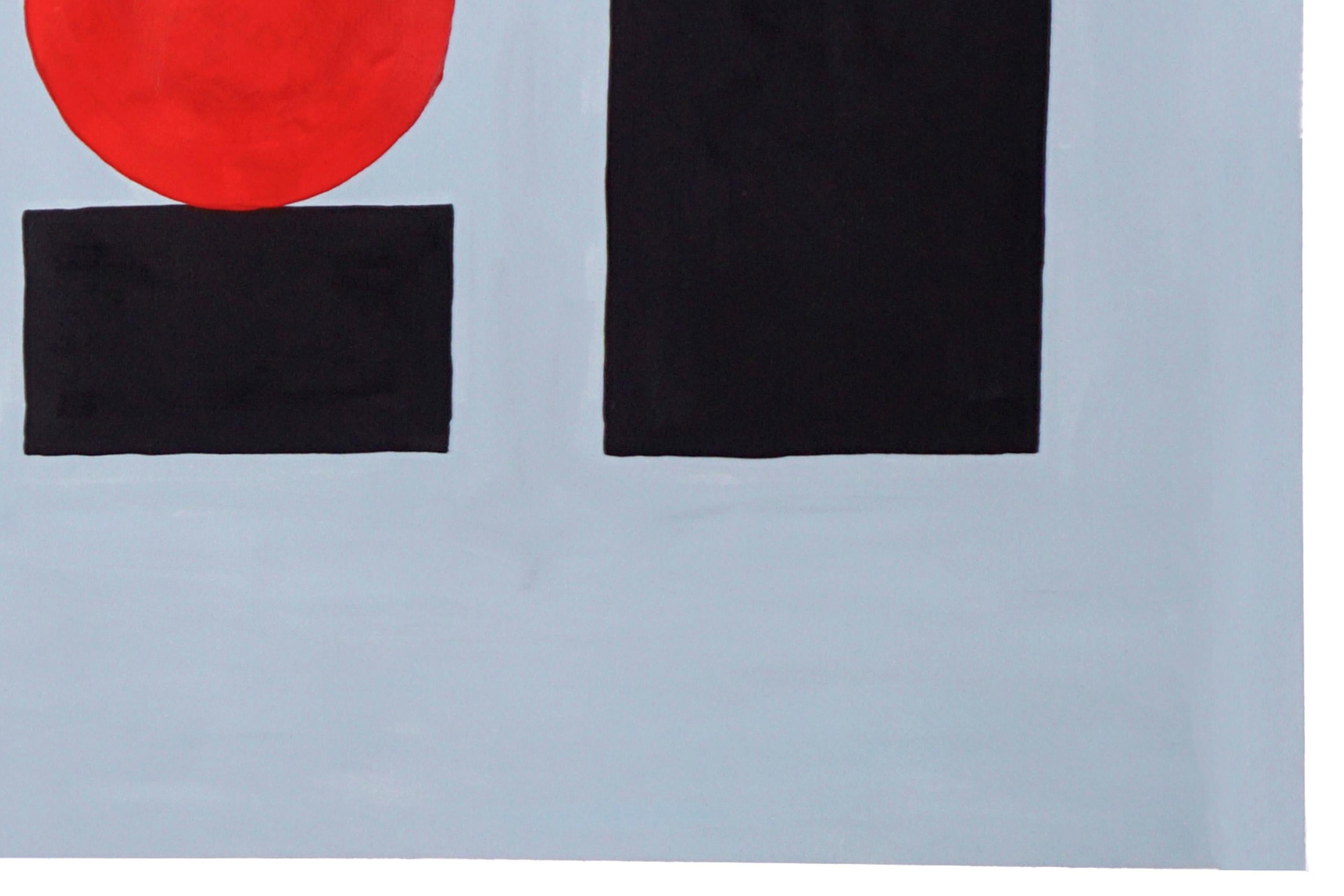 Balance Study for Building, Gray Tones, Red Geometric Architecture, Still Life - Bauhaus Painting by Gio Bellagio