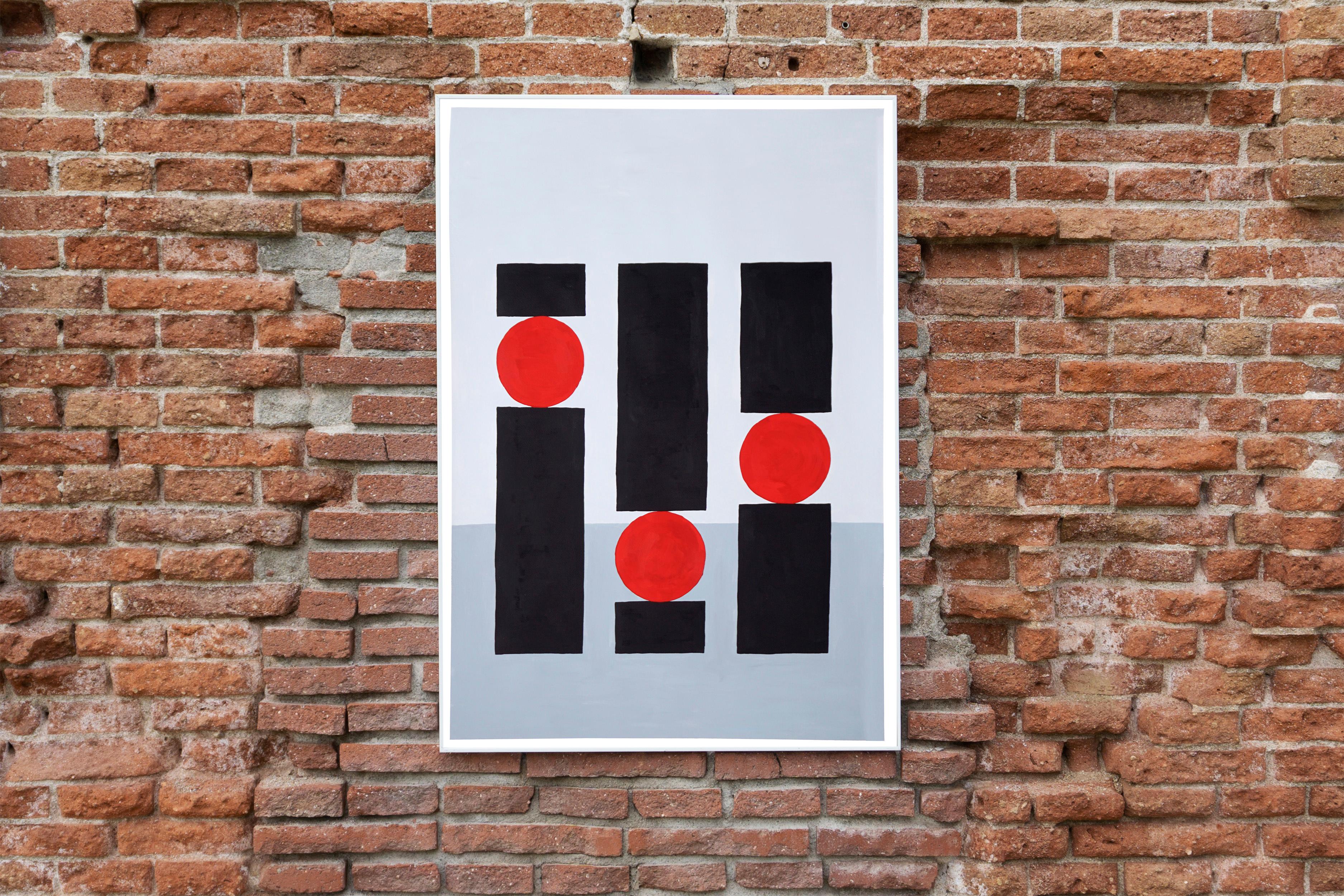 Balance Study for Building, Gray Tones, Red Geometric Architecture, Still Life - Purple Still-Life Painting by Gio Bellagio