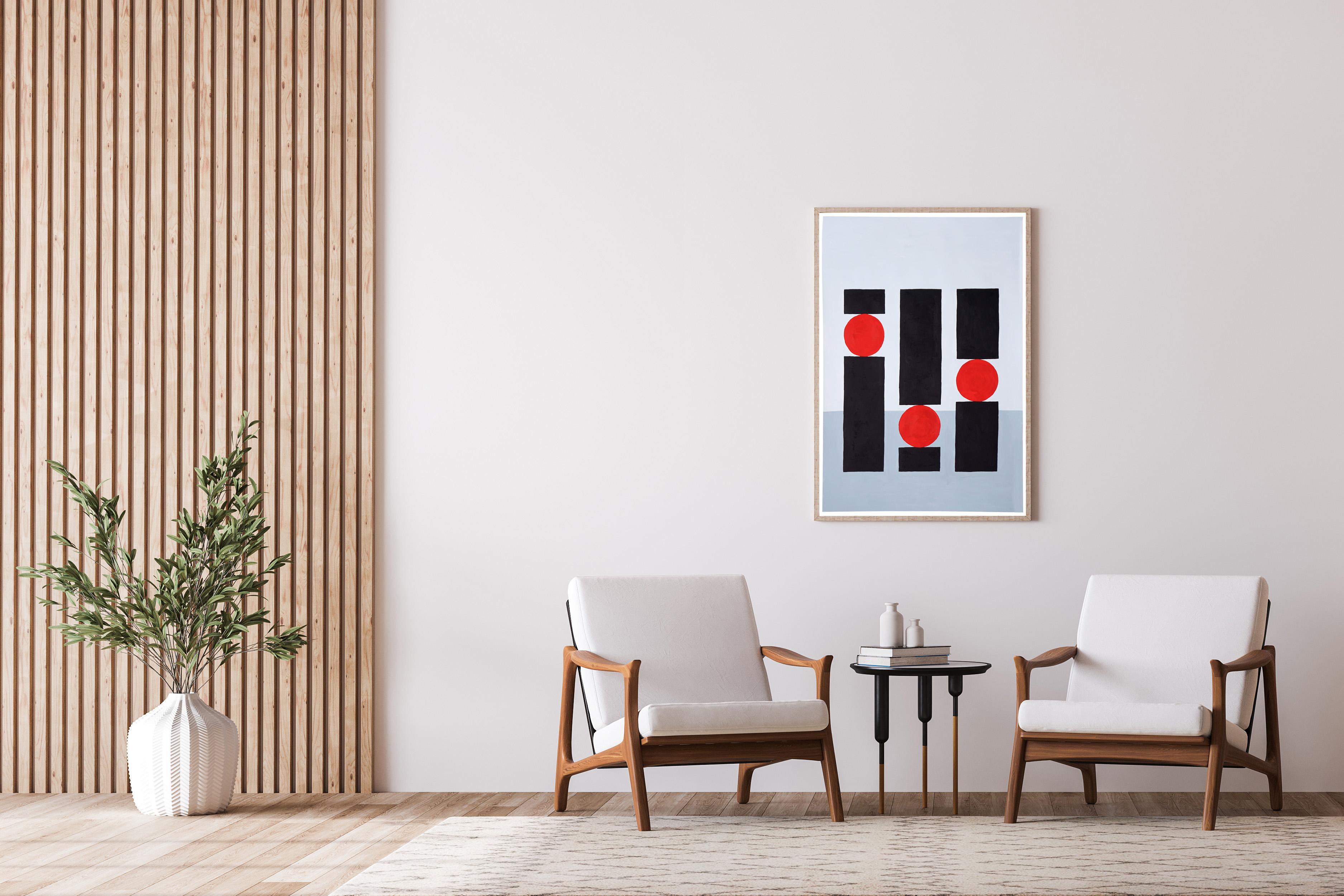 Balance Study for Building, Gray Tones, Red Geometric Architecture, Still Life 1