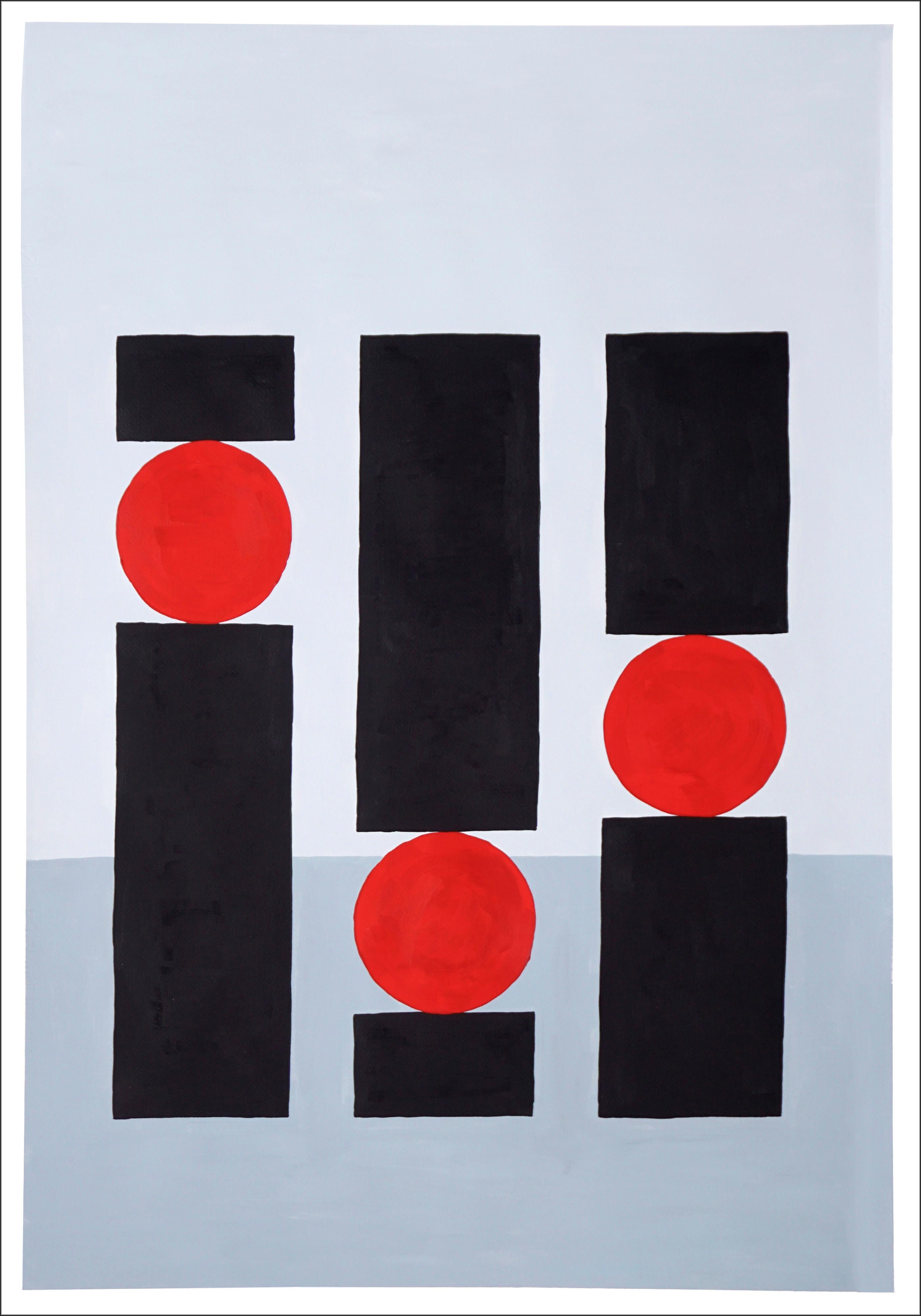 Balance Study for Building, Gray Tones, Red Geometric Architecture, Still Life