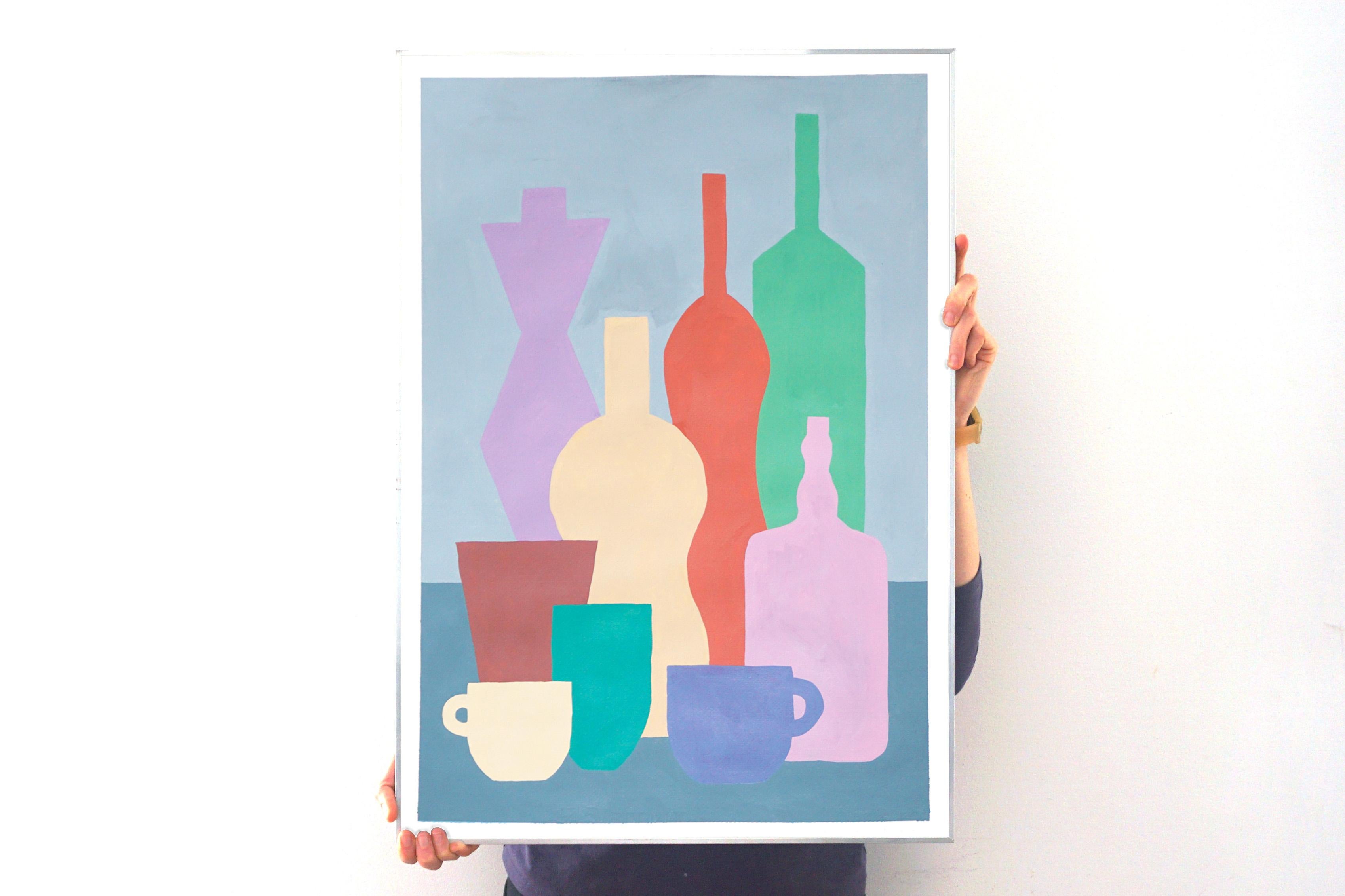 Bottle Collection, Bright Tones Still-life Tableware Silhouette, Soft Pink Green - Painting by Gio Bellagio