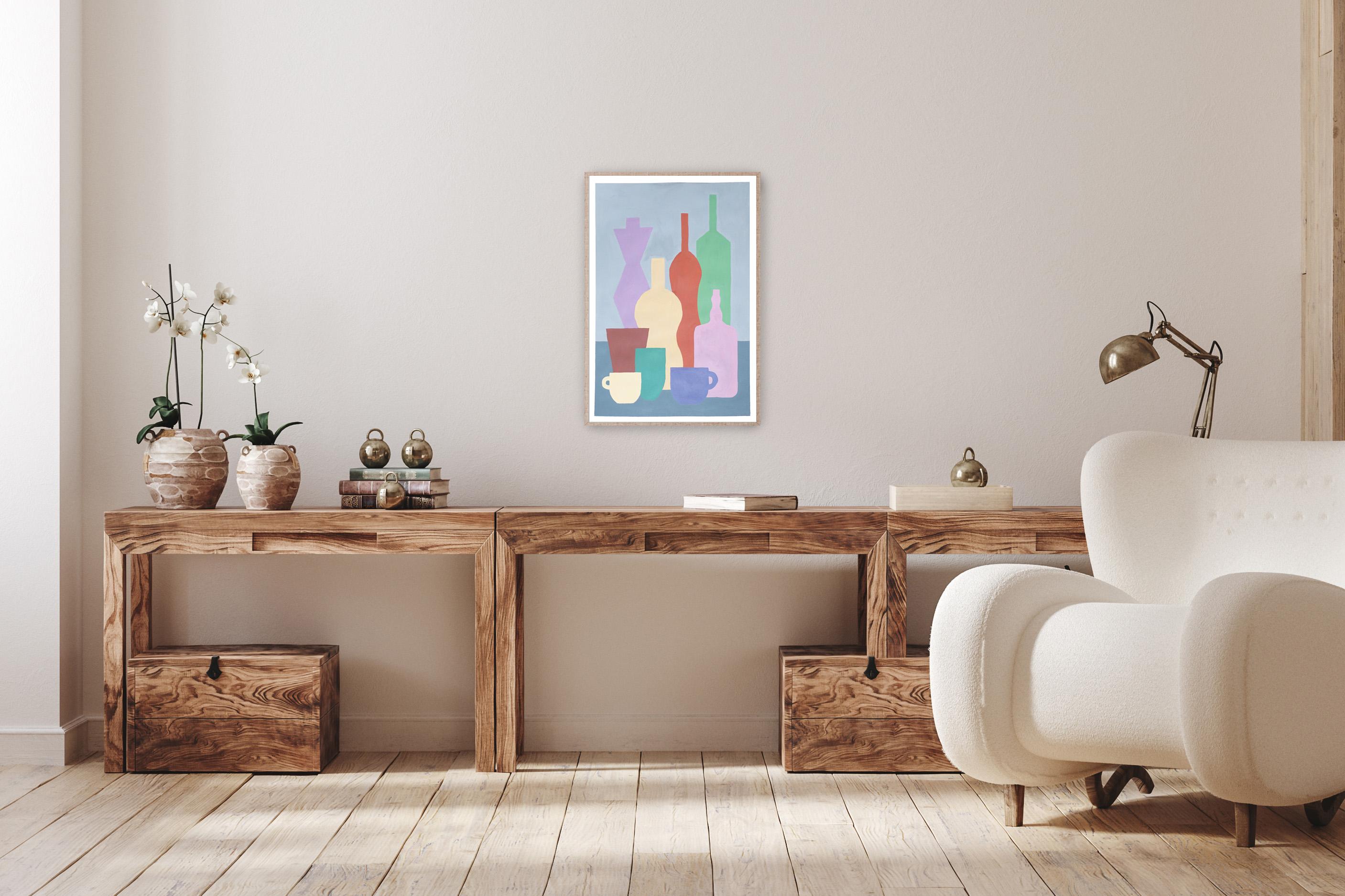 Colección Botella, Silueta de Vajilla Bodegón Tonos Brillantes, Verde Rosa Suave - Painting Fauvista de Gio Bellagio