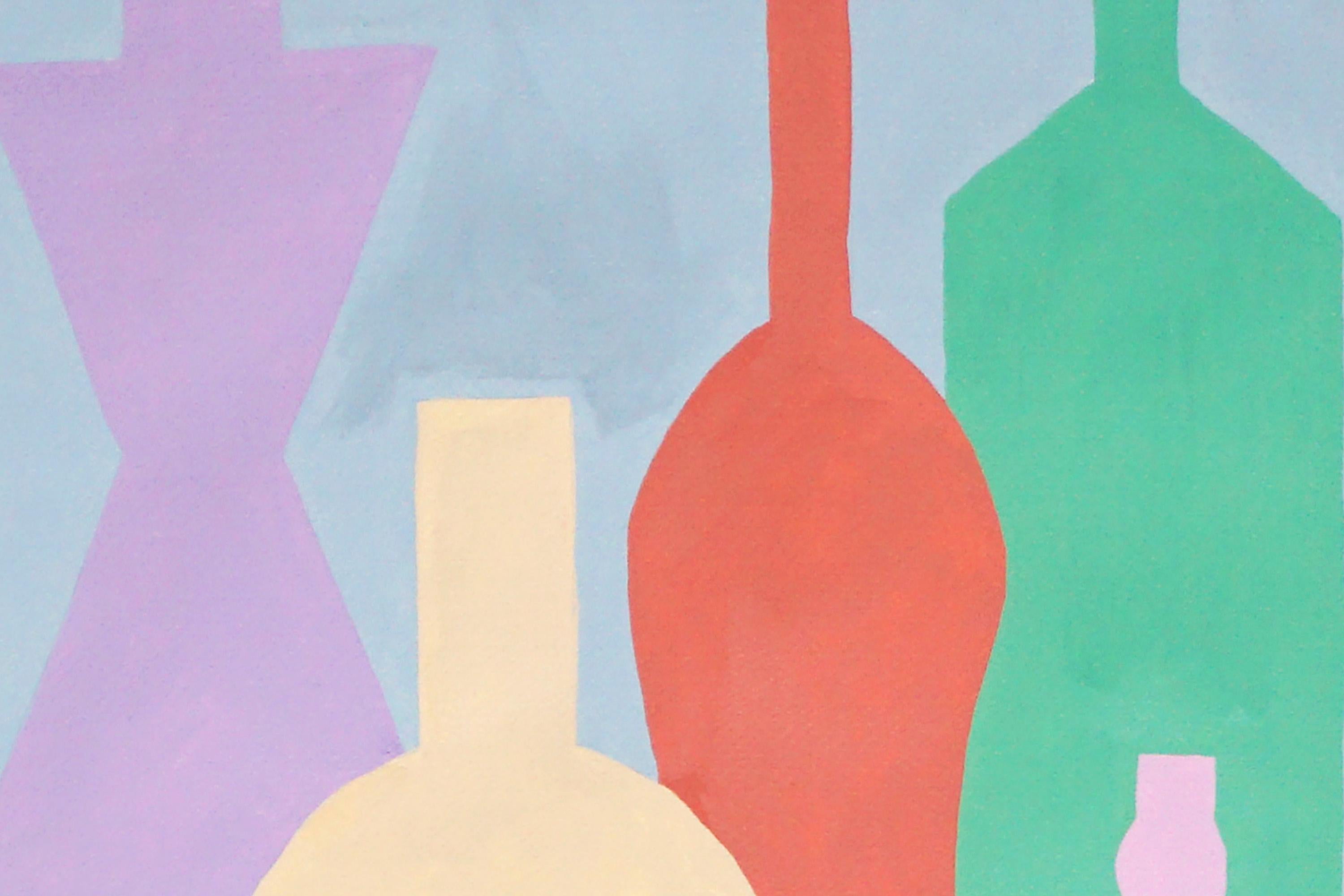 Bottle Collection, Bright Tones Still-life Tableware Silhouette, Soft Pink Green For Sale 1