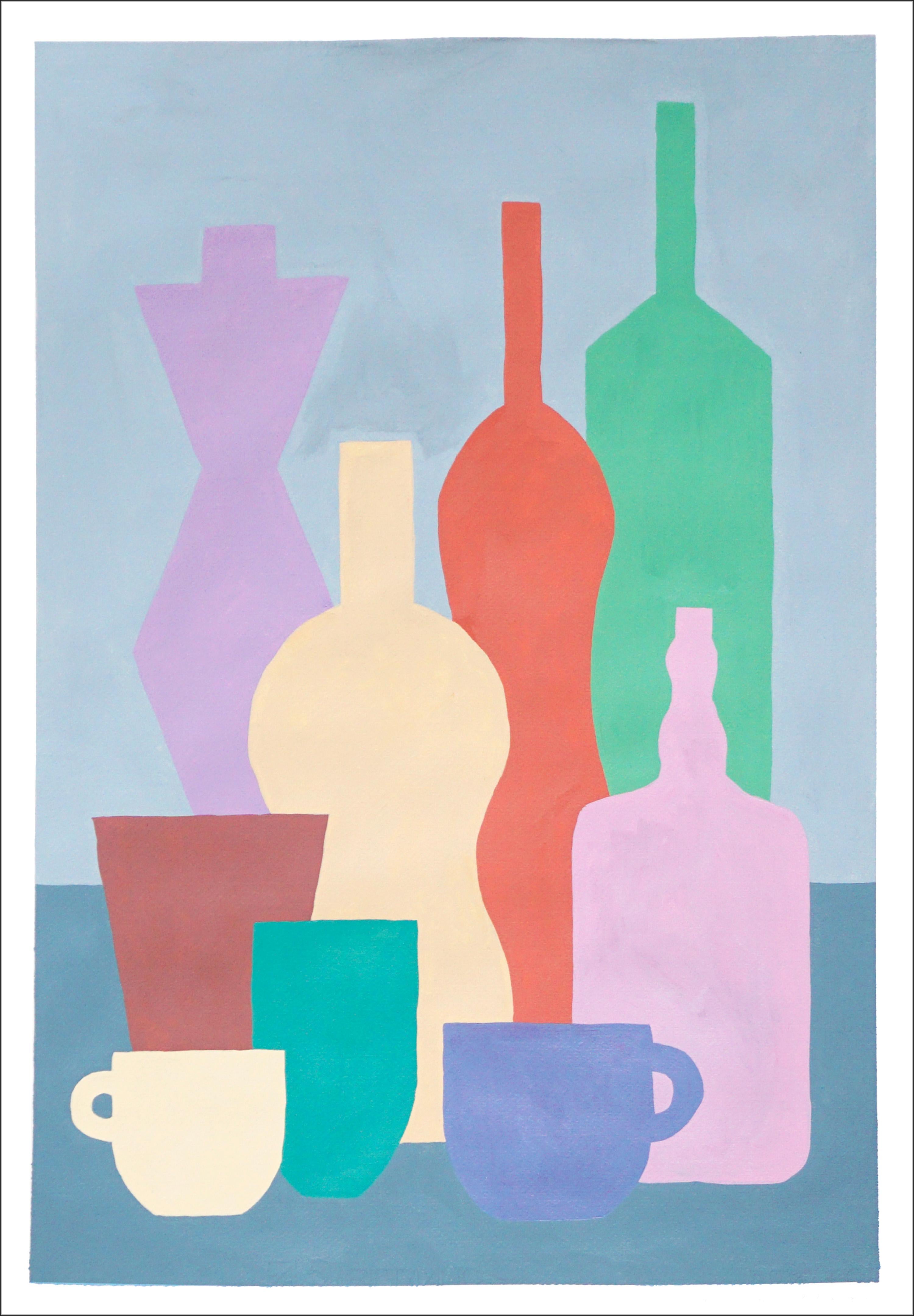 Gio Bellagio Still-Life Painting - Bottle Collection, Bright Tones Still-life Tableware Silhouette, Soft Pink Green