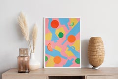 Bottles and Falling Citrus Fruits, Pink, Yellow and Blue Silhouettes Still Life