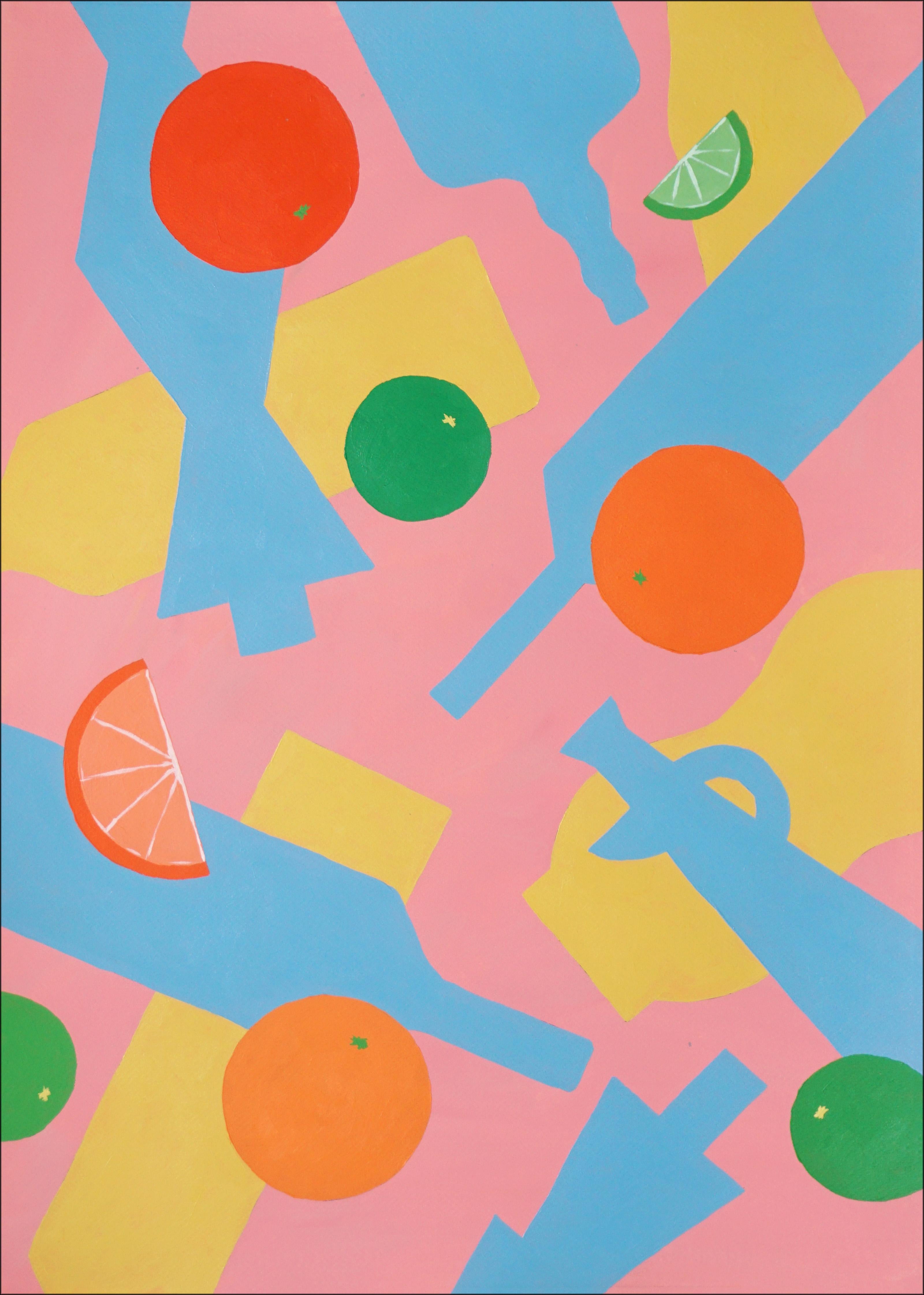 Gio Bellagio Still-Life Painting - Bottles and Falling Citrus Fruits, Pink, Yellow and Blue Silhouette Patterns