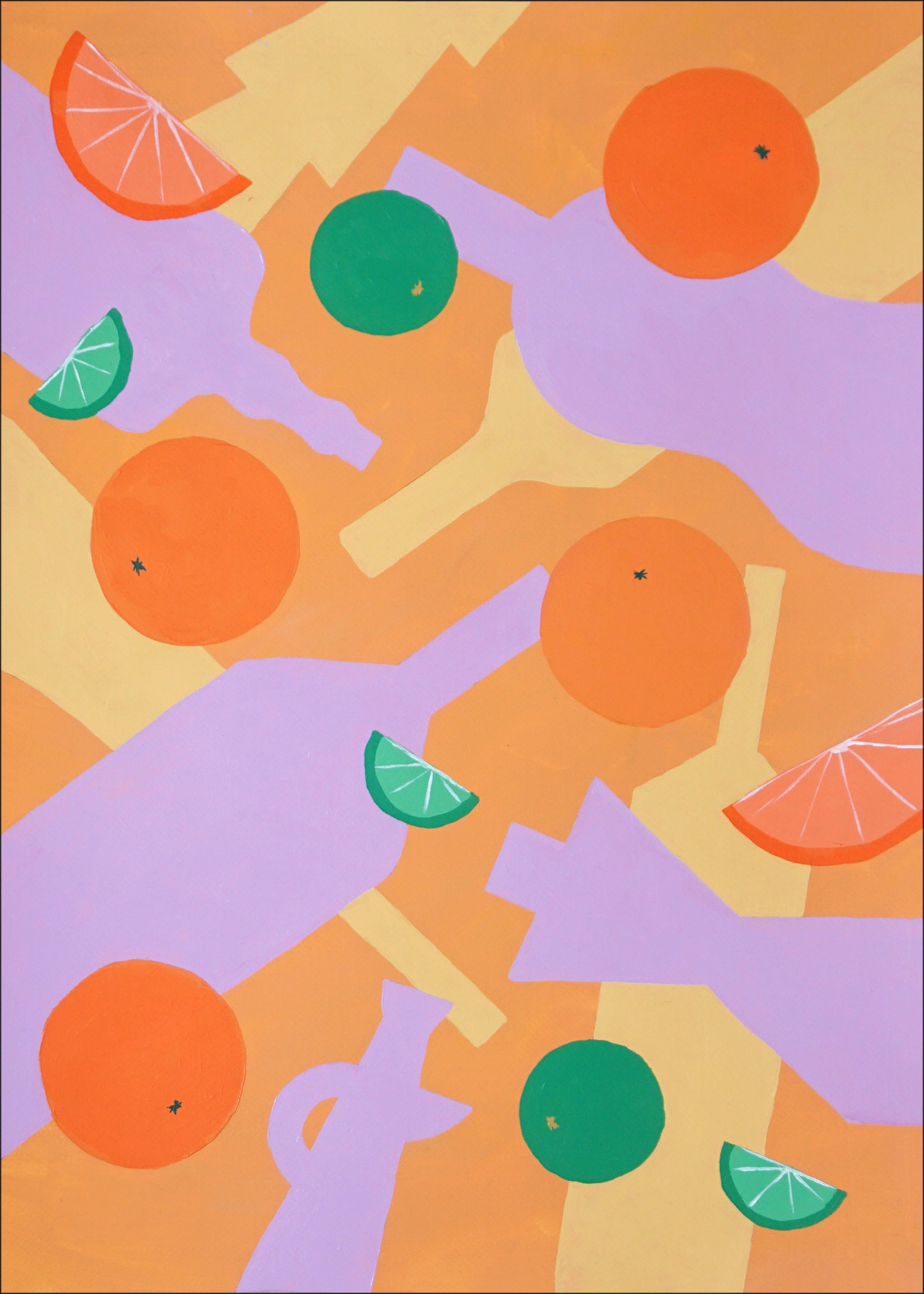 Flaschen und fallende Zitrusfrüchte, Stillleben-Muster, orange-lila Silhouette