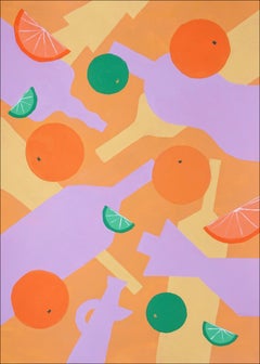 Bottles and Falling Citrus Fruits, Still Life Patterns, Orange Purple Silhouette