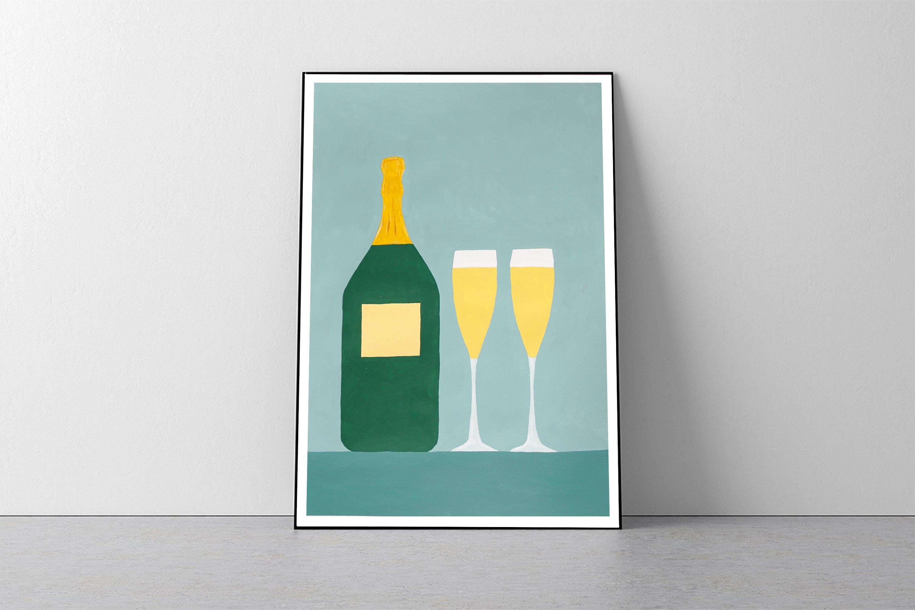 Champagne for Two, nature morte moderne dans des tons dorés, vert pâle réaliste naïf   - Painting de Gio Bellagio