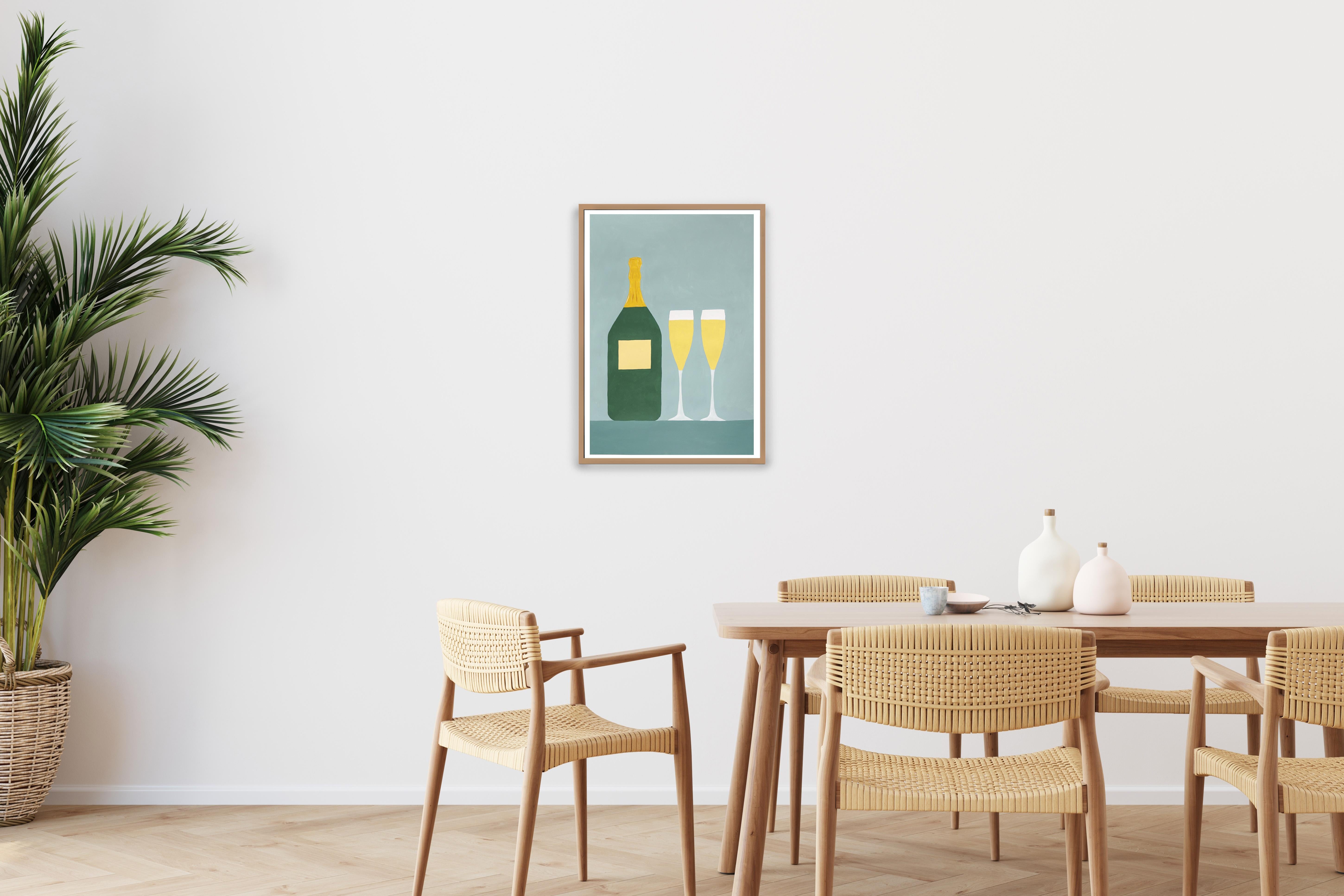 Champagne for Two, Modern Still Life in Golden Tones, Naive Realist Pale Green   For Sale 2