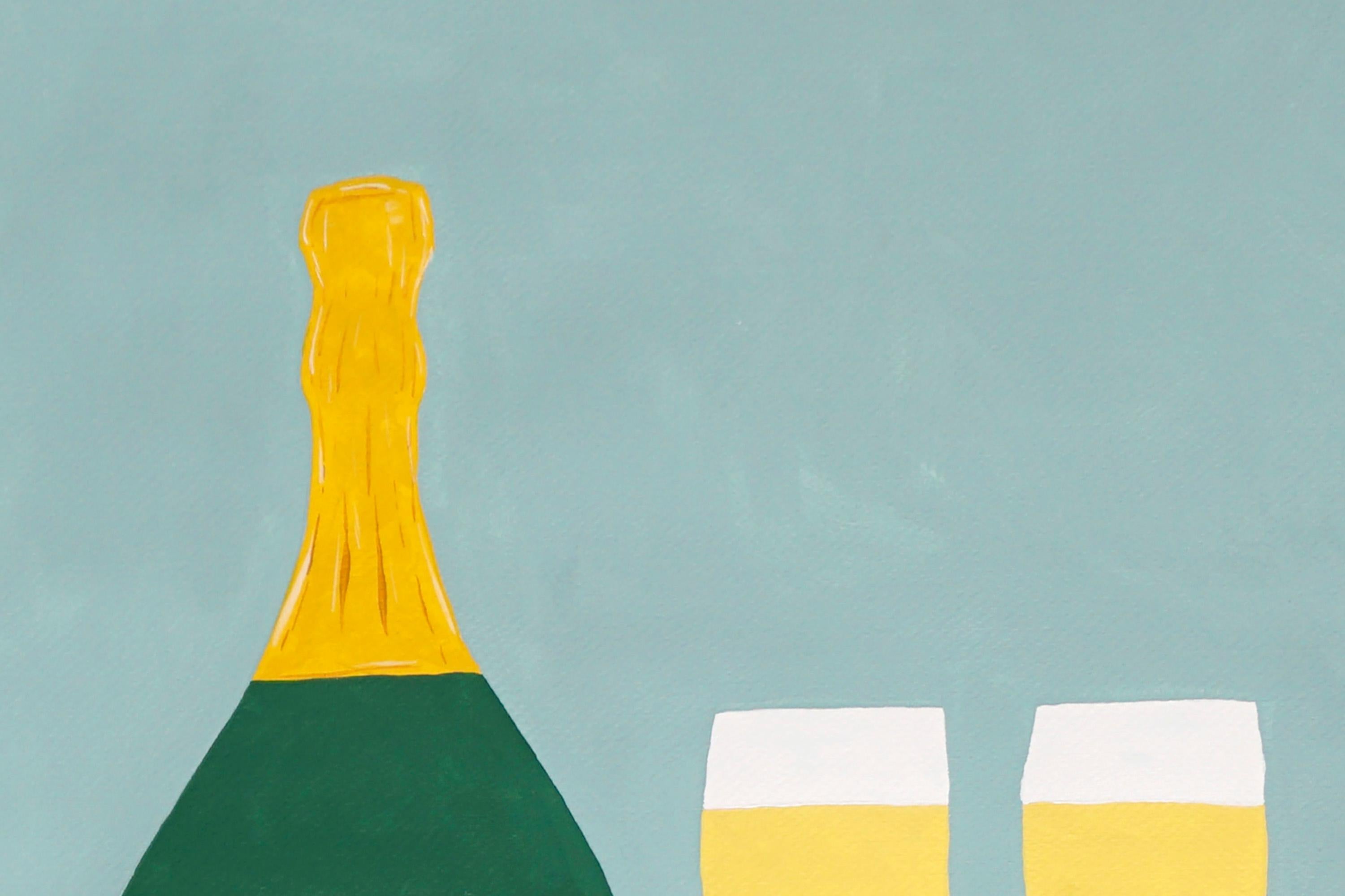Champagne for Two, nature morte moderne dans des tons dorés, vert pâle réaliste naïf   en vente 1