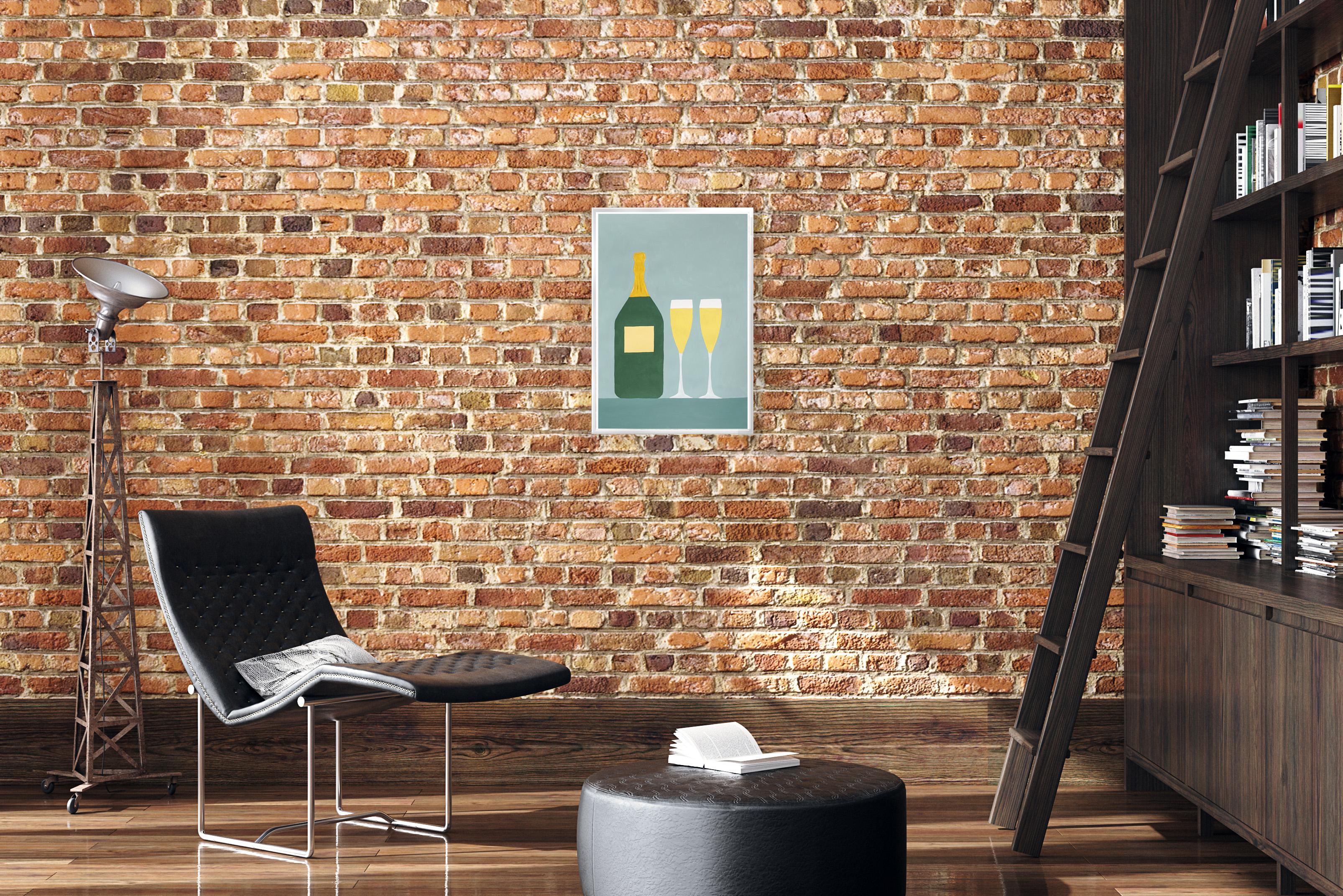Champagne for Two, Modern Still Life in Golden Tones, Naive Realist Pale Green   For Sale 4